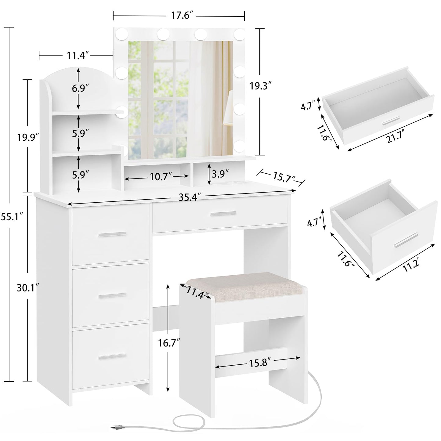 Quimoo Vanity Desk with Mirror & Lights, White