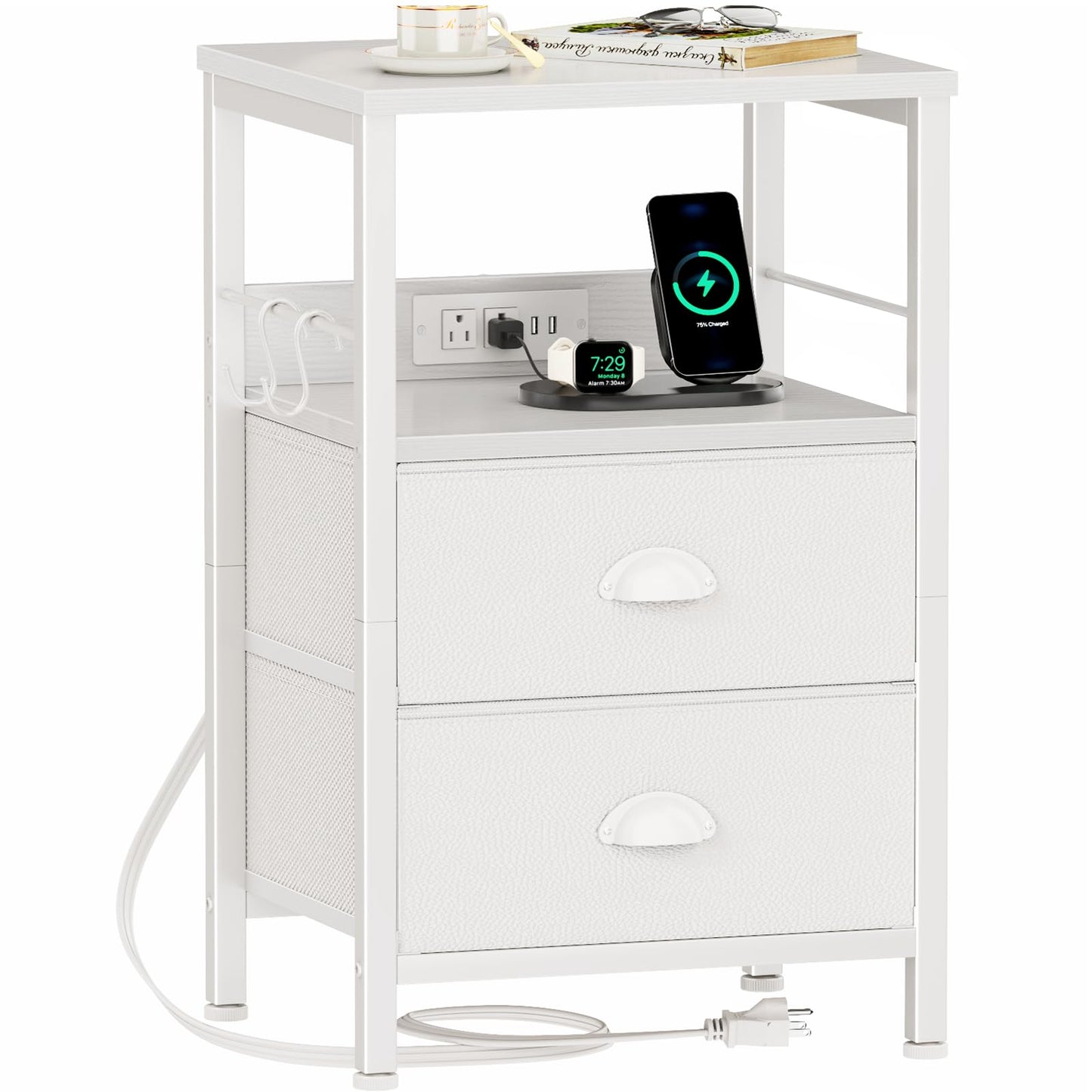 Furologee Nightstand with Charging Station, White