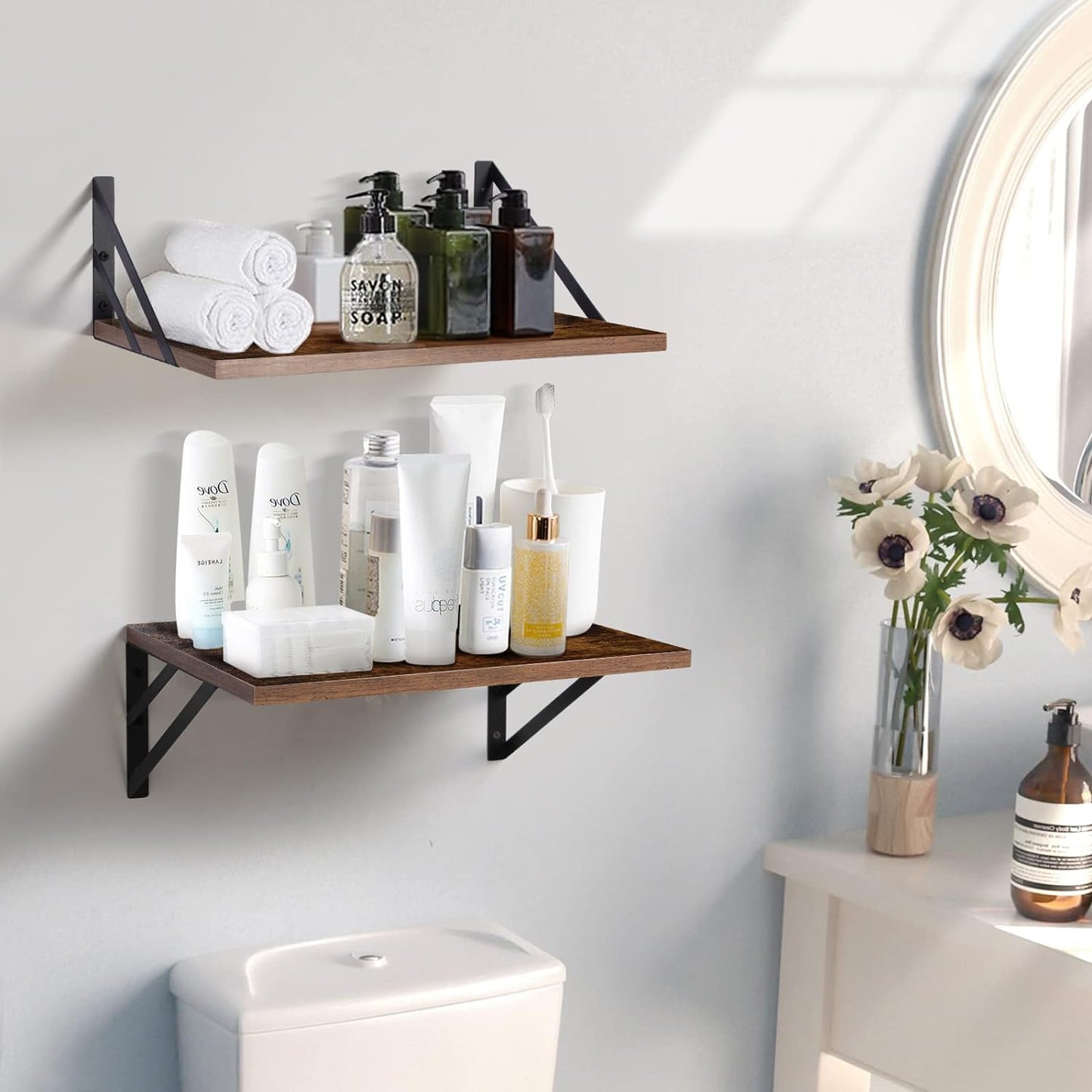 2-Pack 12" Deep Floating Shelves, Rustic Brown