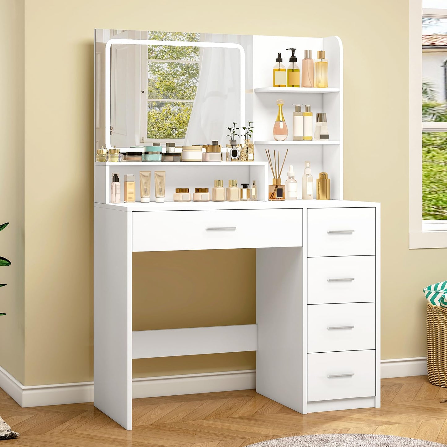 Quimoo Vanity Desk with Mirror & Lights, White