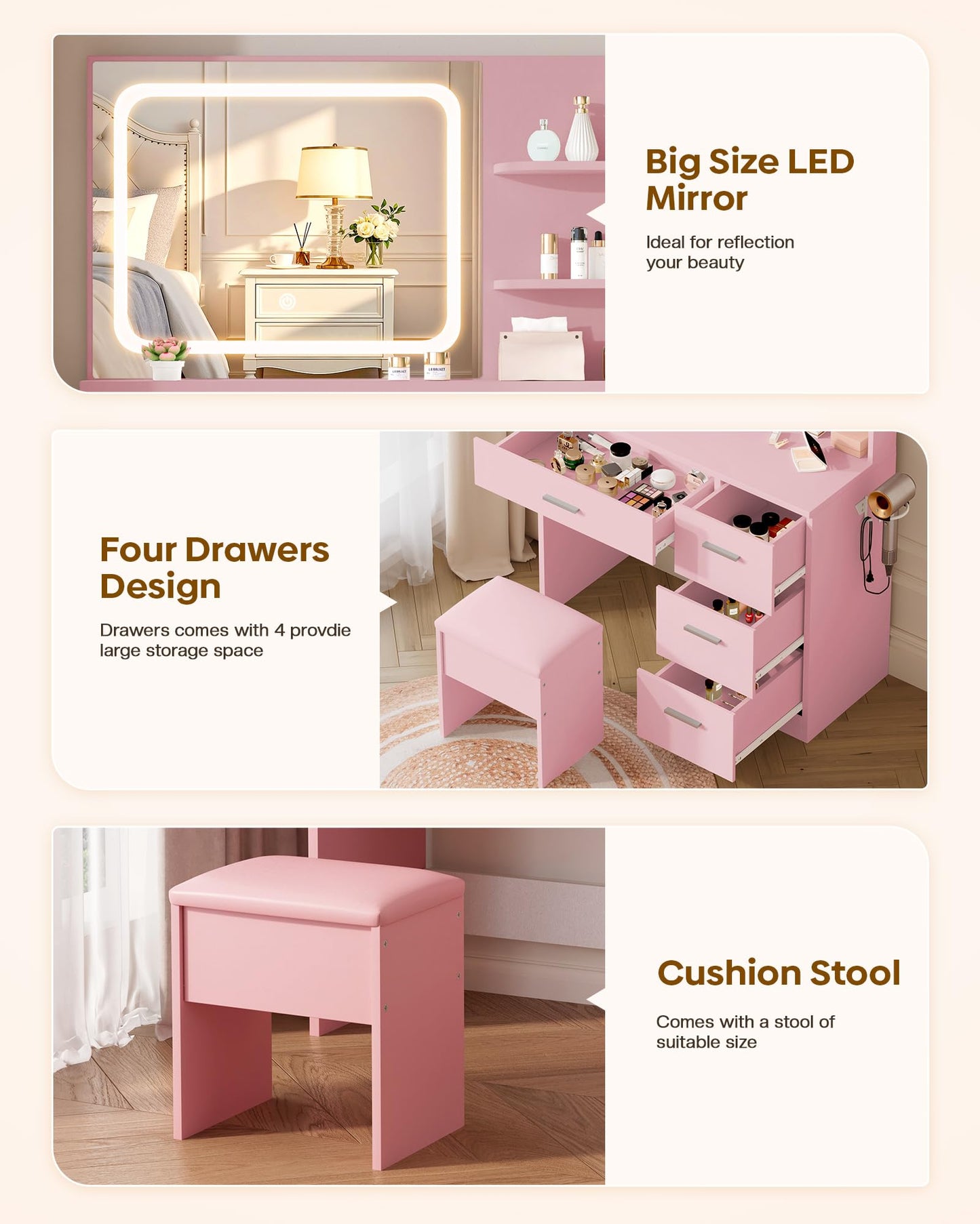 Makeup Vanity Desk Set with LED Mirror, White