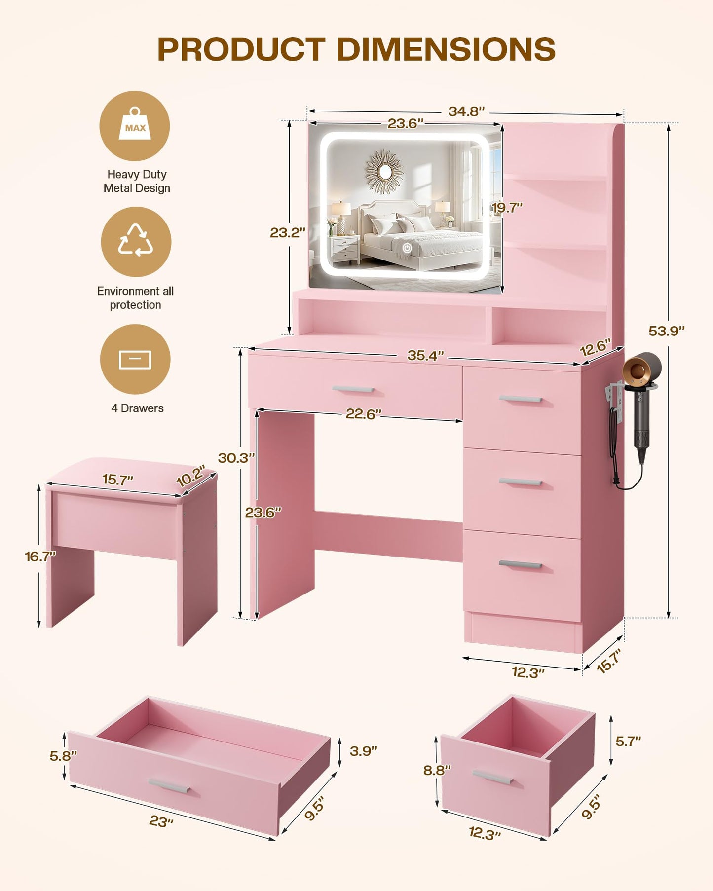 Makeup Vanity Desk Set with LED Mirror, White
