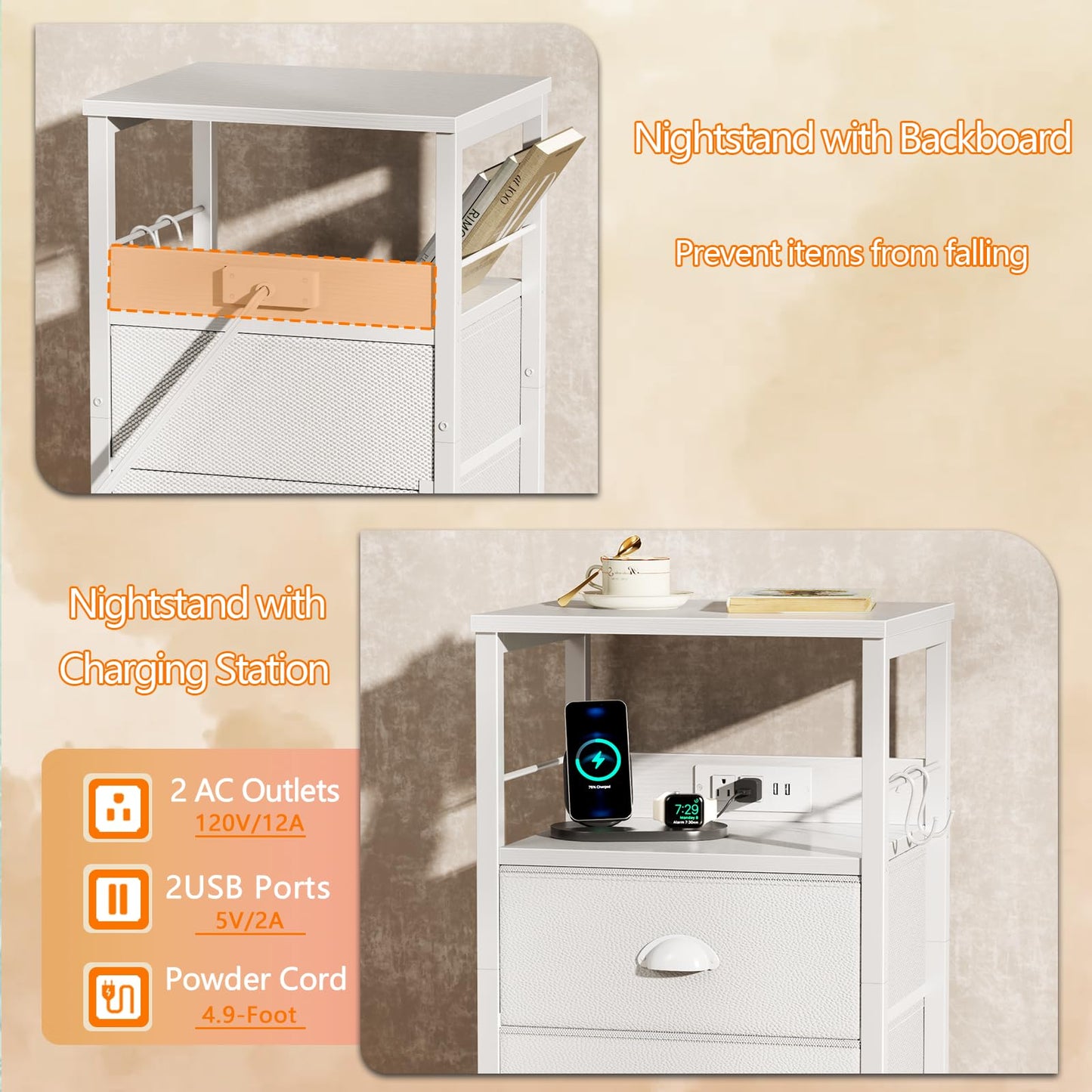 Furologee Nightstand with Charging Station, White