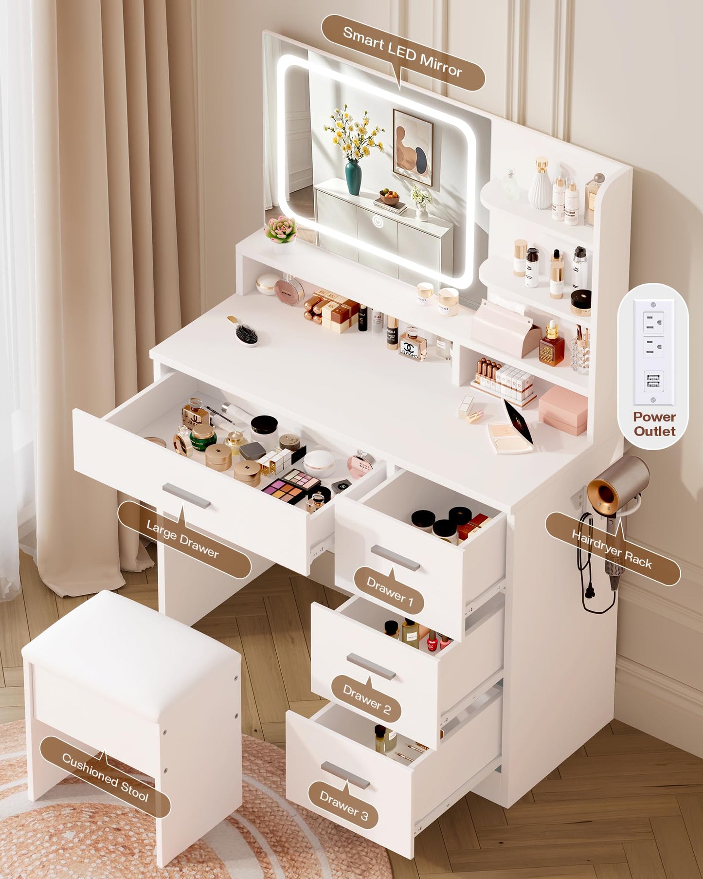 Makeup Vanity Desk Set with LED Mirror, White