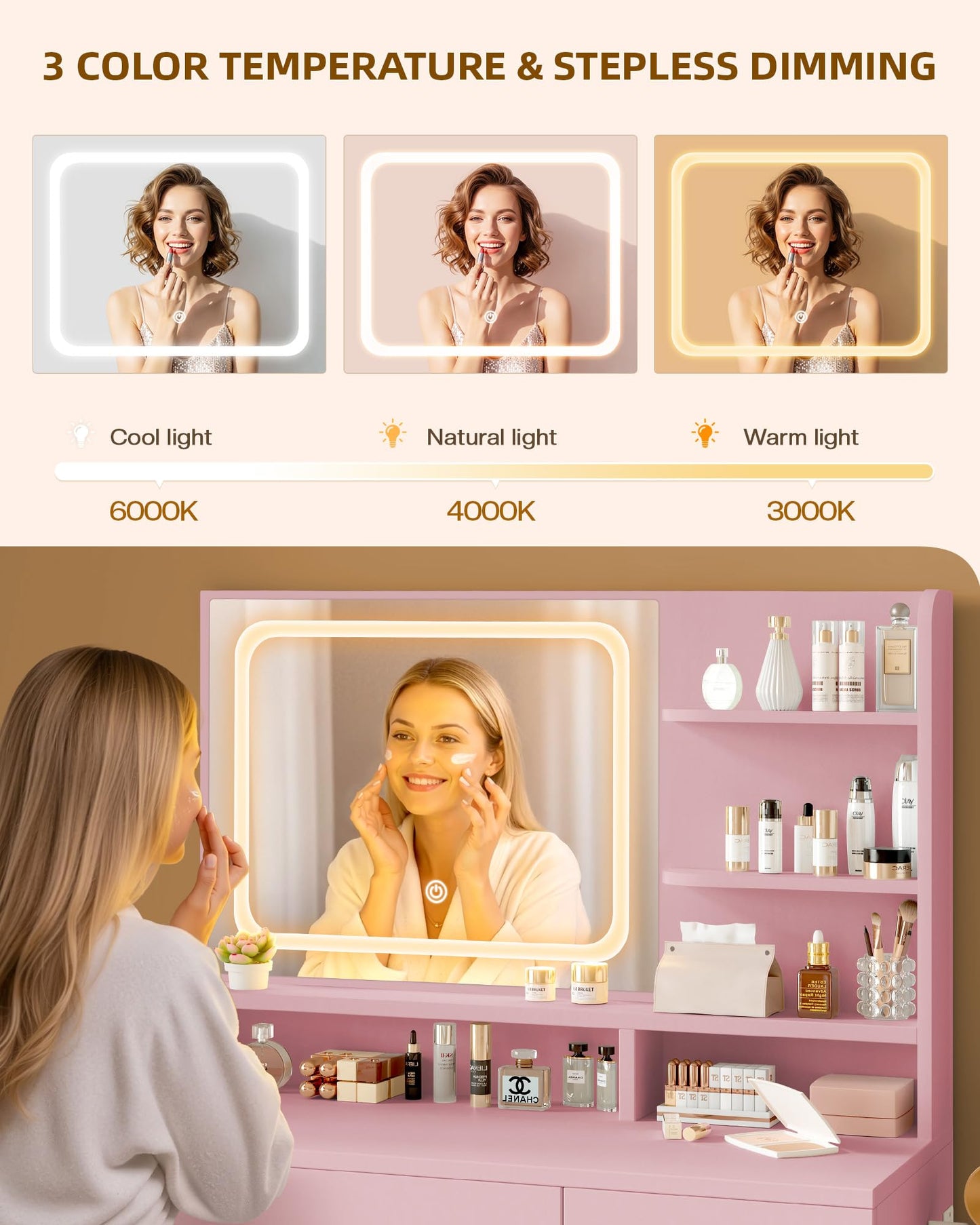 Makeup Vanity Desk Set with LED Mirror, White