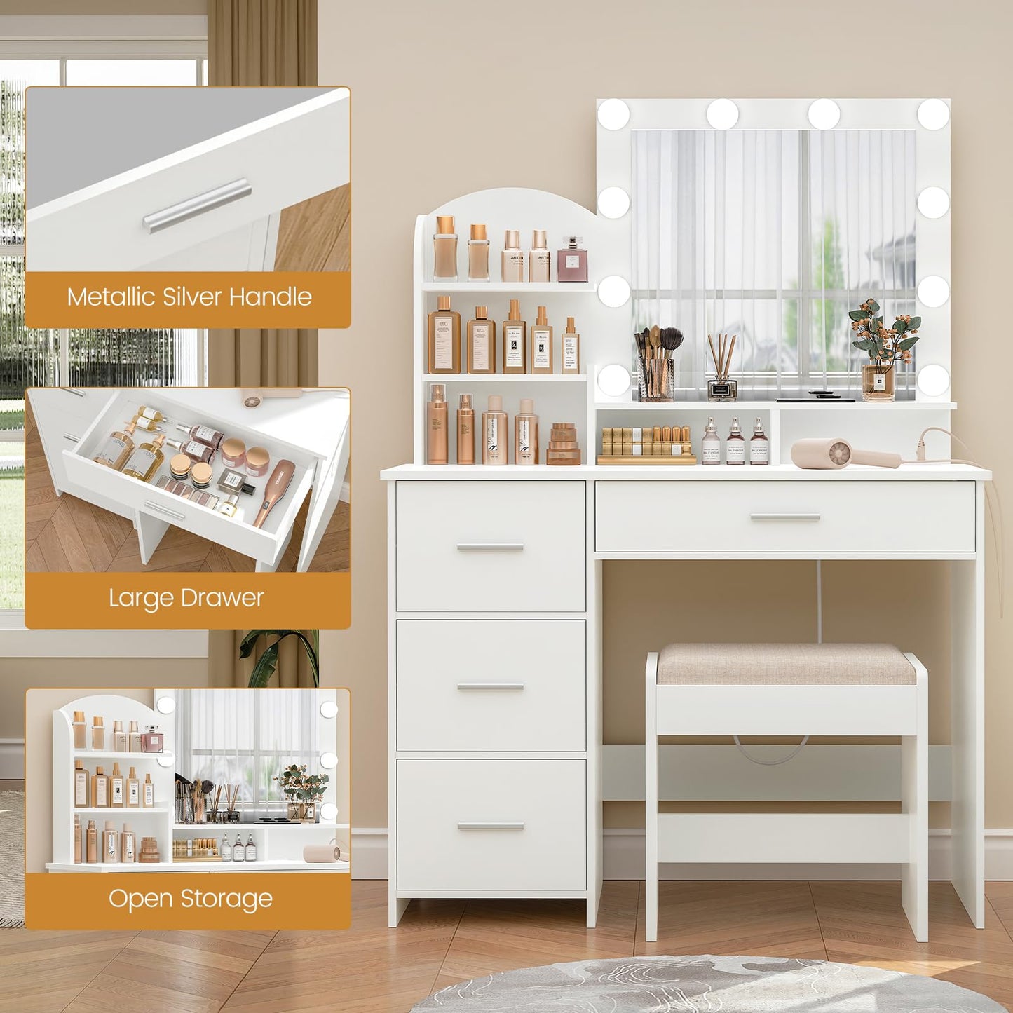 Quimoo Vanity Desk with Mirror & Lights, White