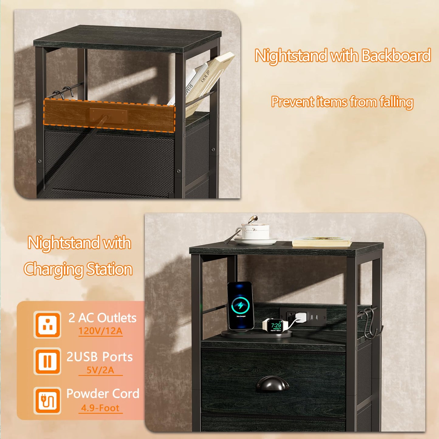 Furologee Nightstand with Charging Station, White