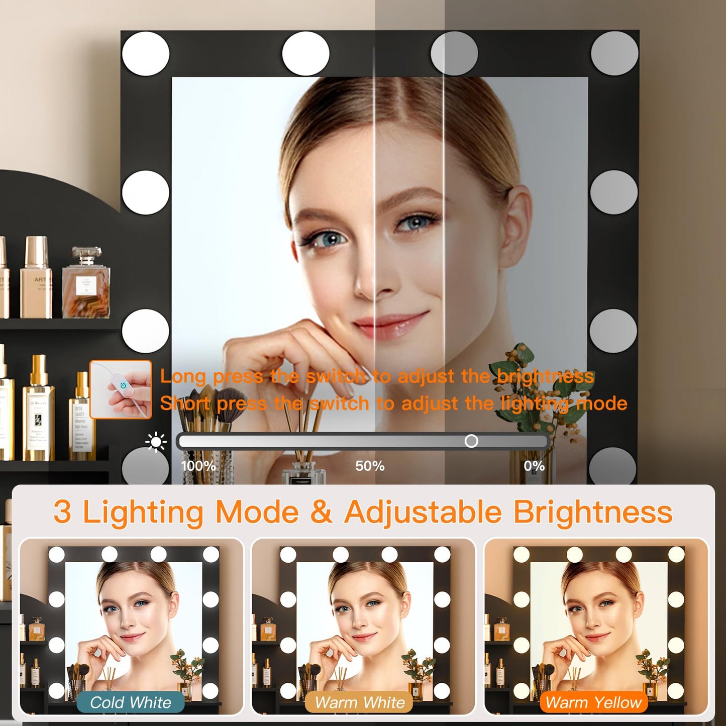 Quimoo Vanity Desk with Mirror & Lights, White
