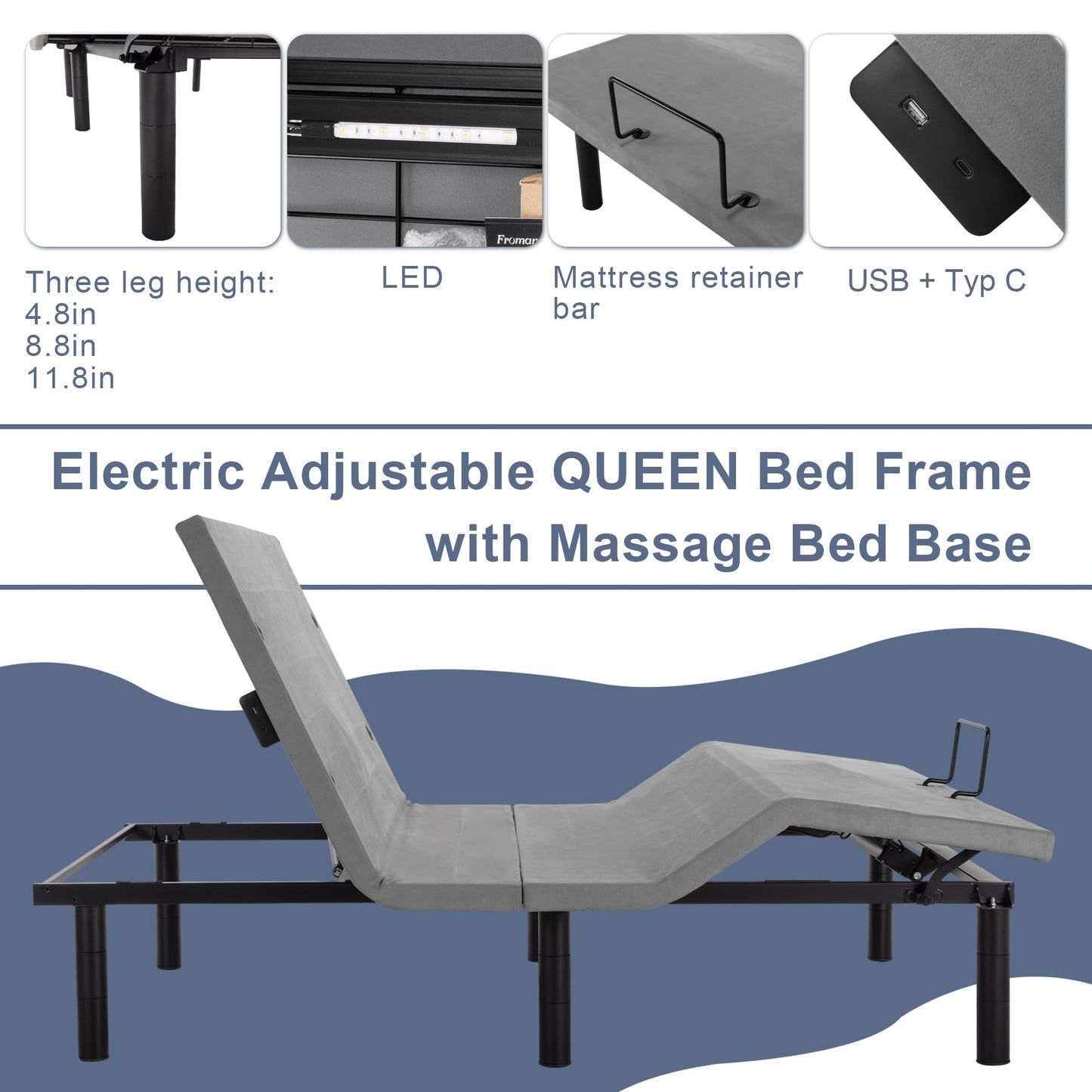 Fromann Adjustable Twin XL Bed Base – Grey
