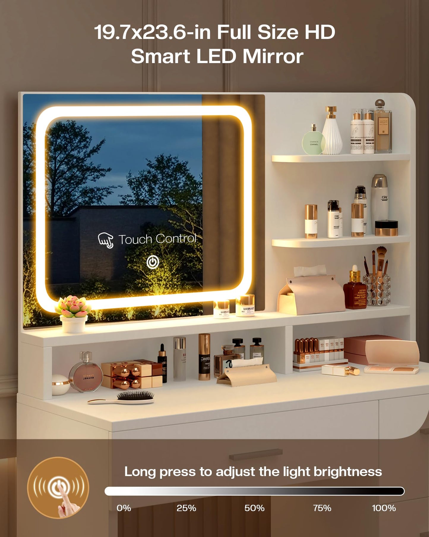 Makeup Vanity Desk Set with LED Mirror, White