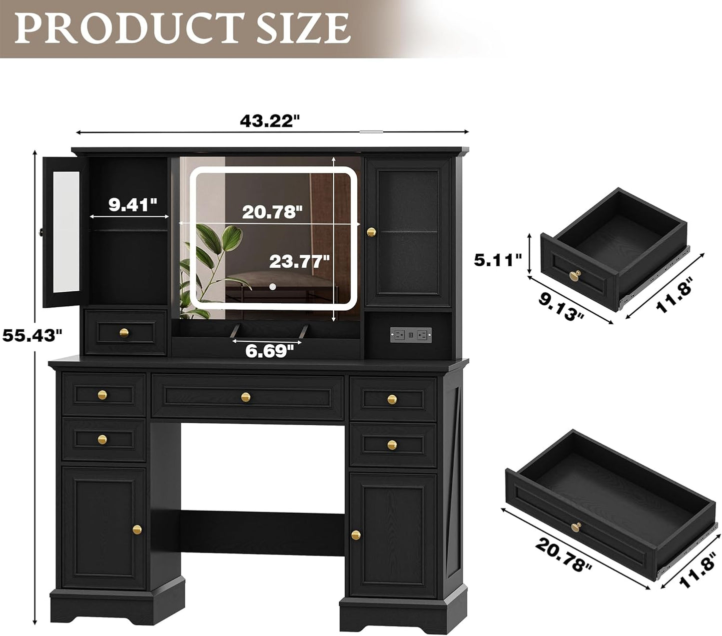 Farmhouse Vanity Desk with Lighted Mirror – Black
