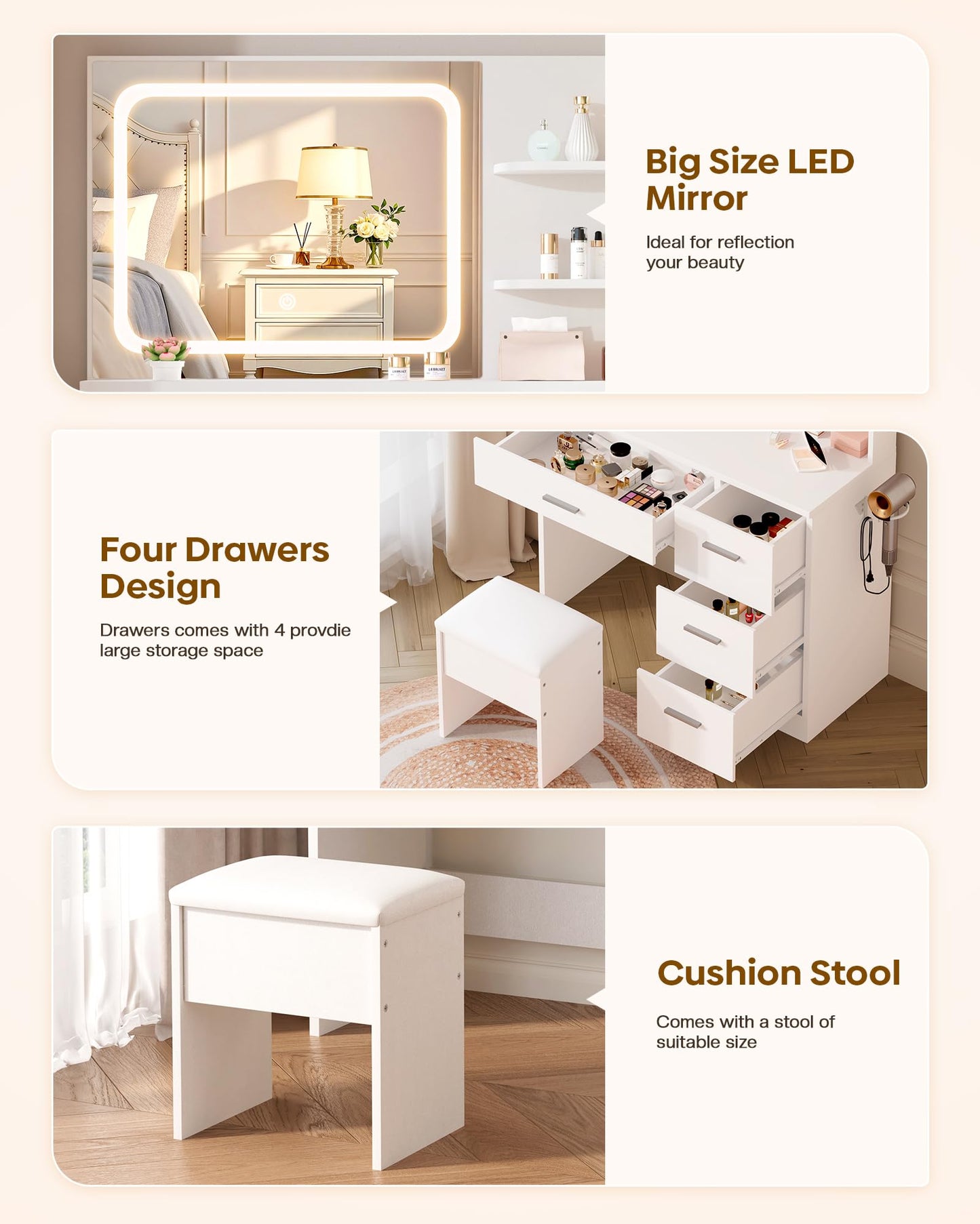 Makeup Vanity Desk Set with LED Mirror, White