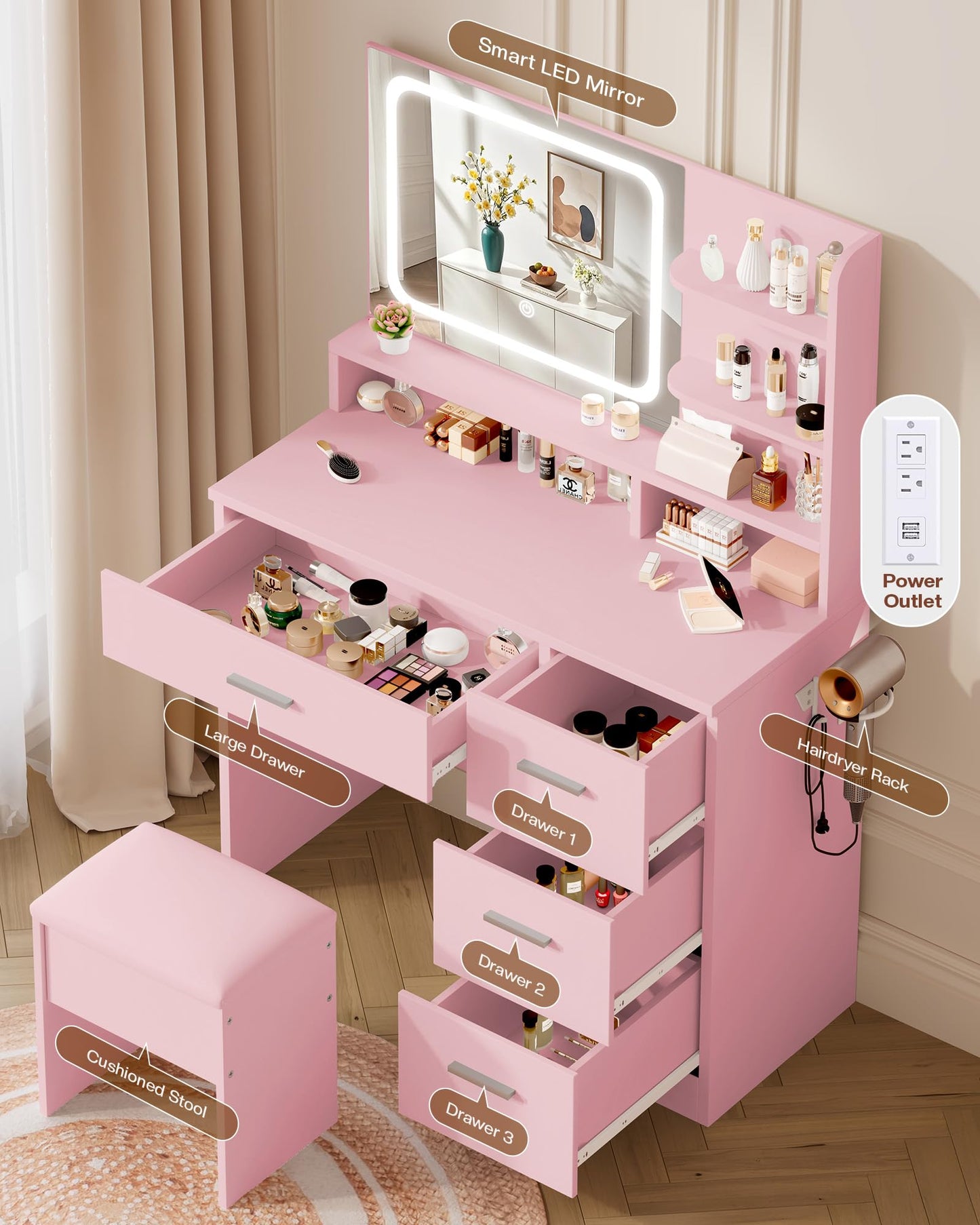 Makeup Vanity Desk Set with LED Mirror, White