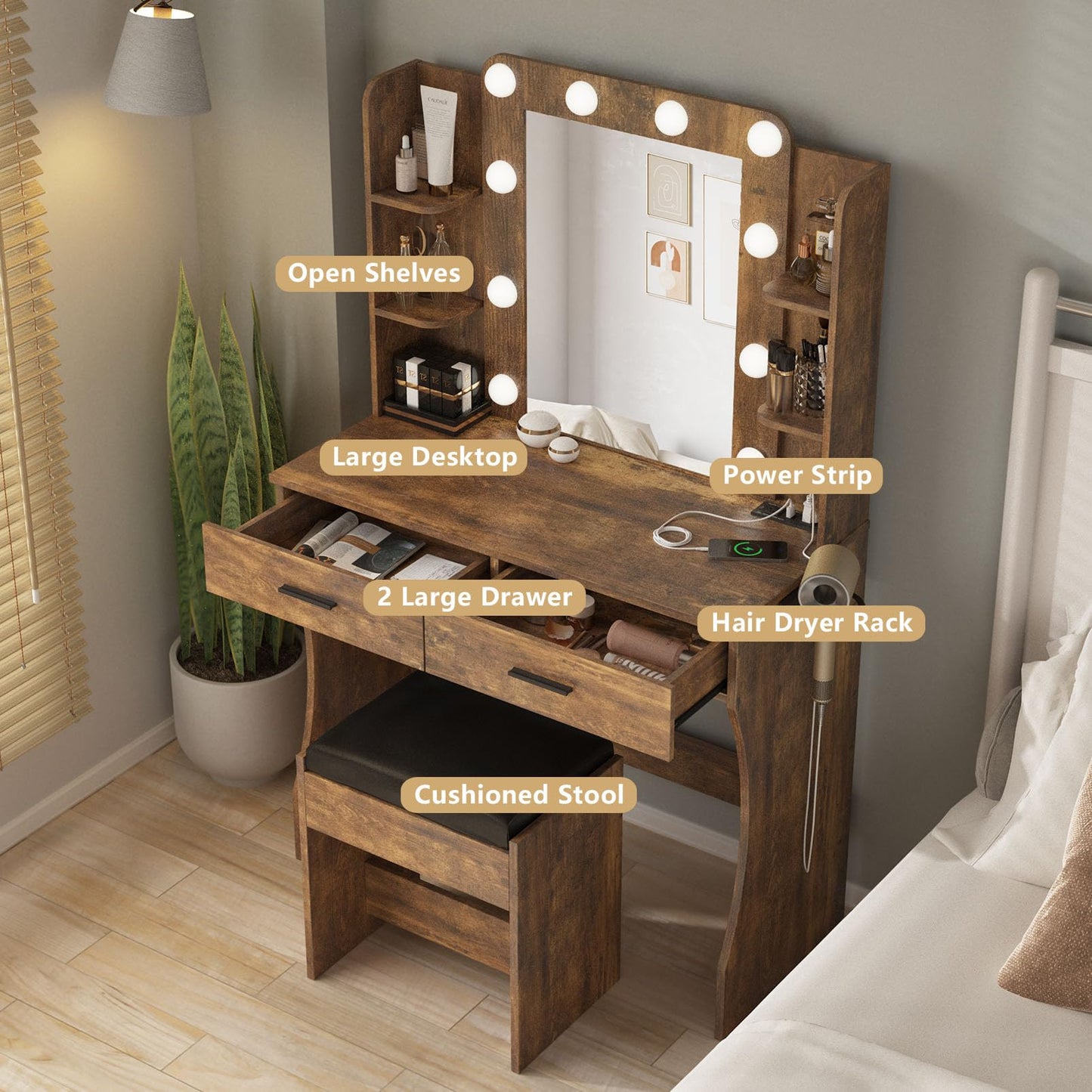 Vabches Vanity Desk with Lights, White