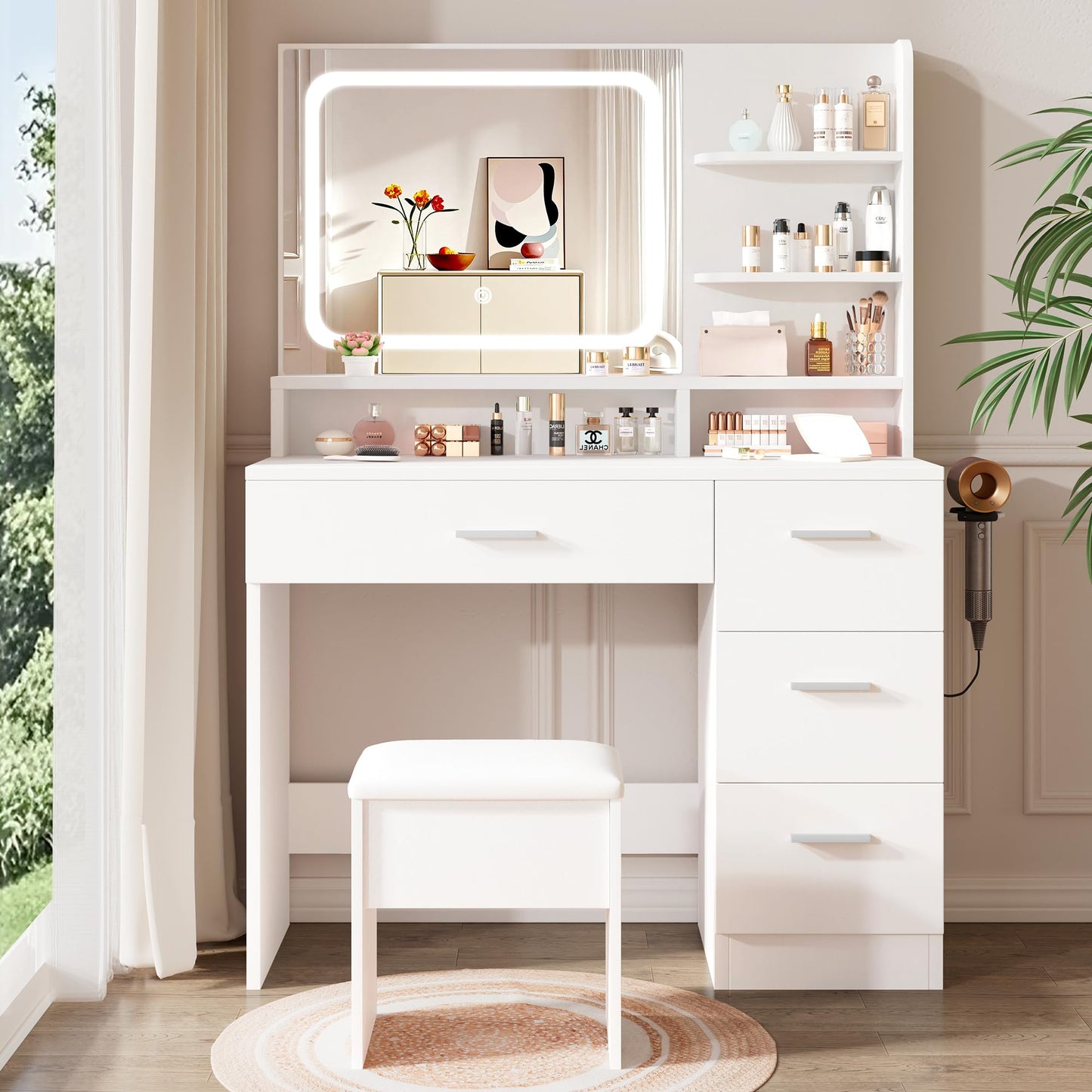 Makeup Vanity Desk Set with LED Mirror, White