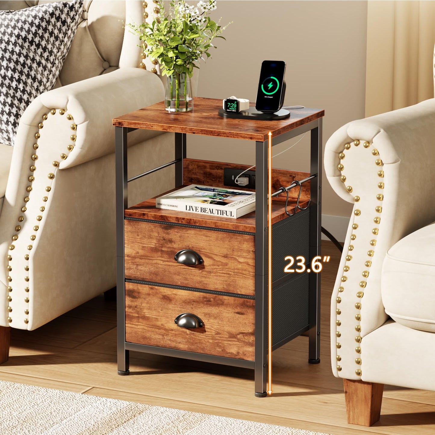 Furologee Nightstand with Charging Station, White