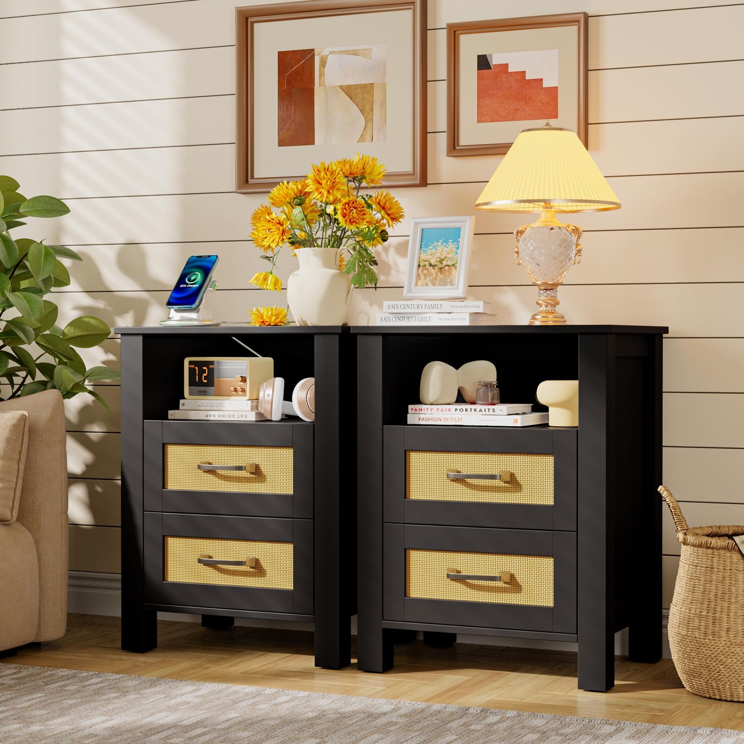 YESHOMY Rattan Nightstands – Set of 2, Natural