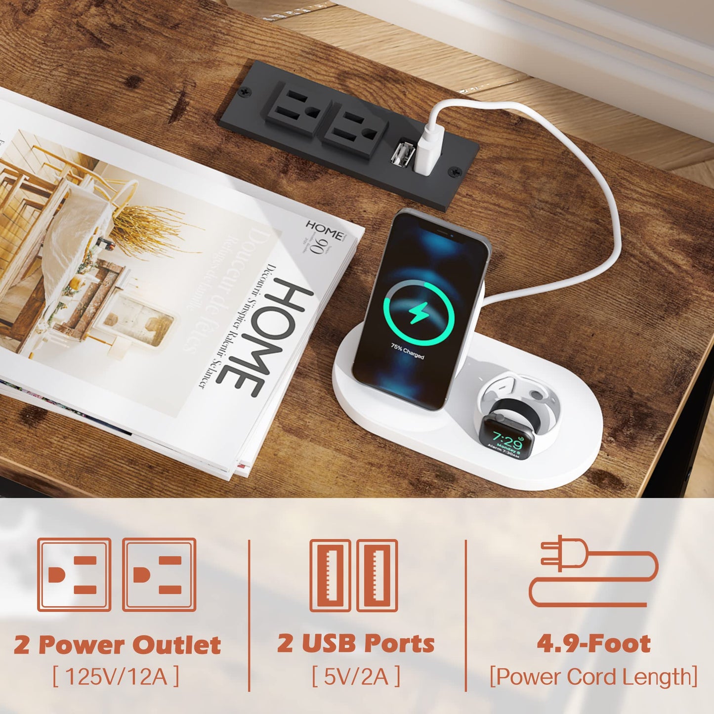 SUPERJARE Nightstand with Charging Station