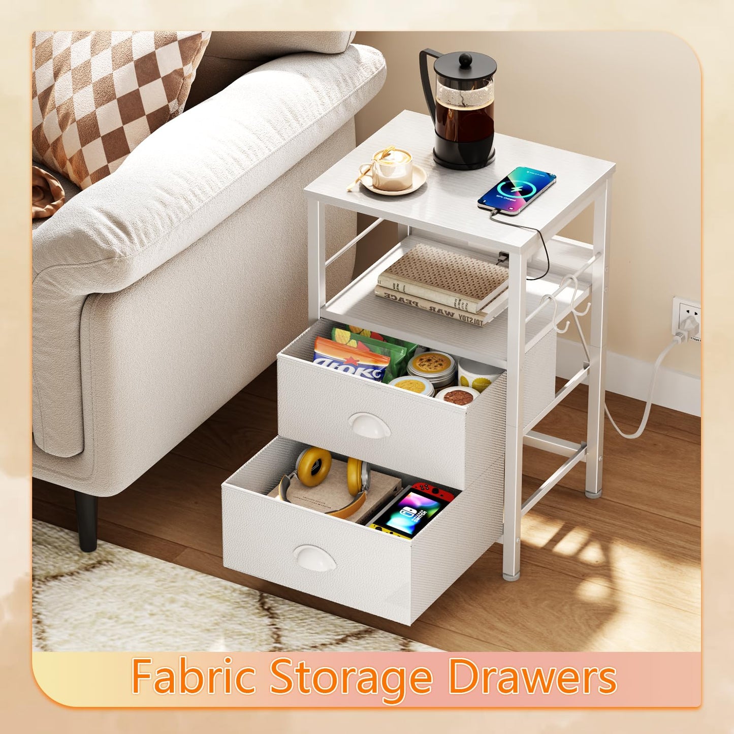 Furologee Nightstand with Charging Station, White