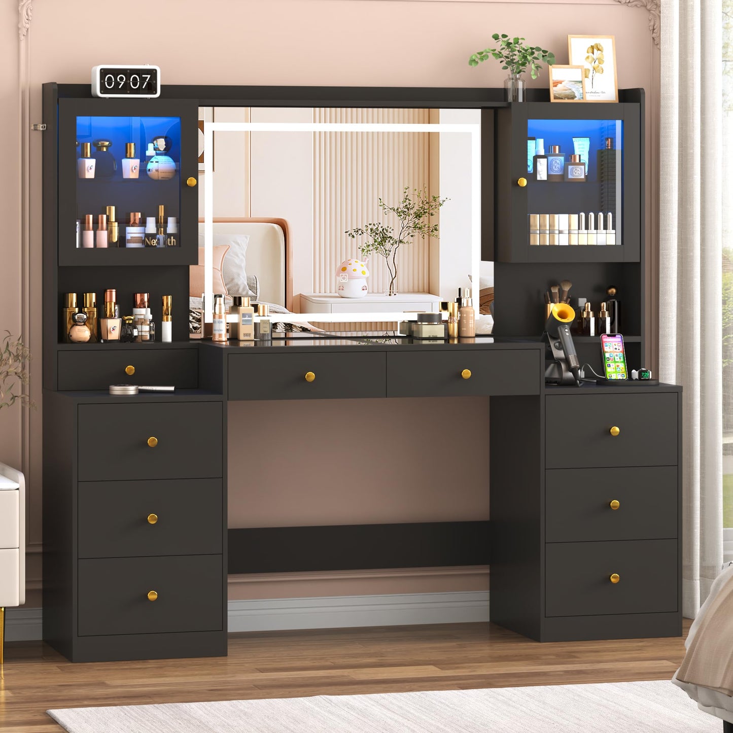 Large LED Vanity Desk – Black, 62"