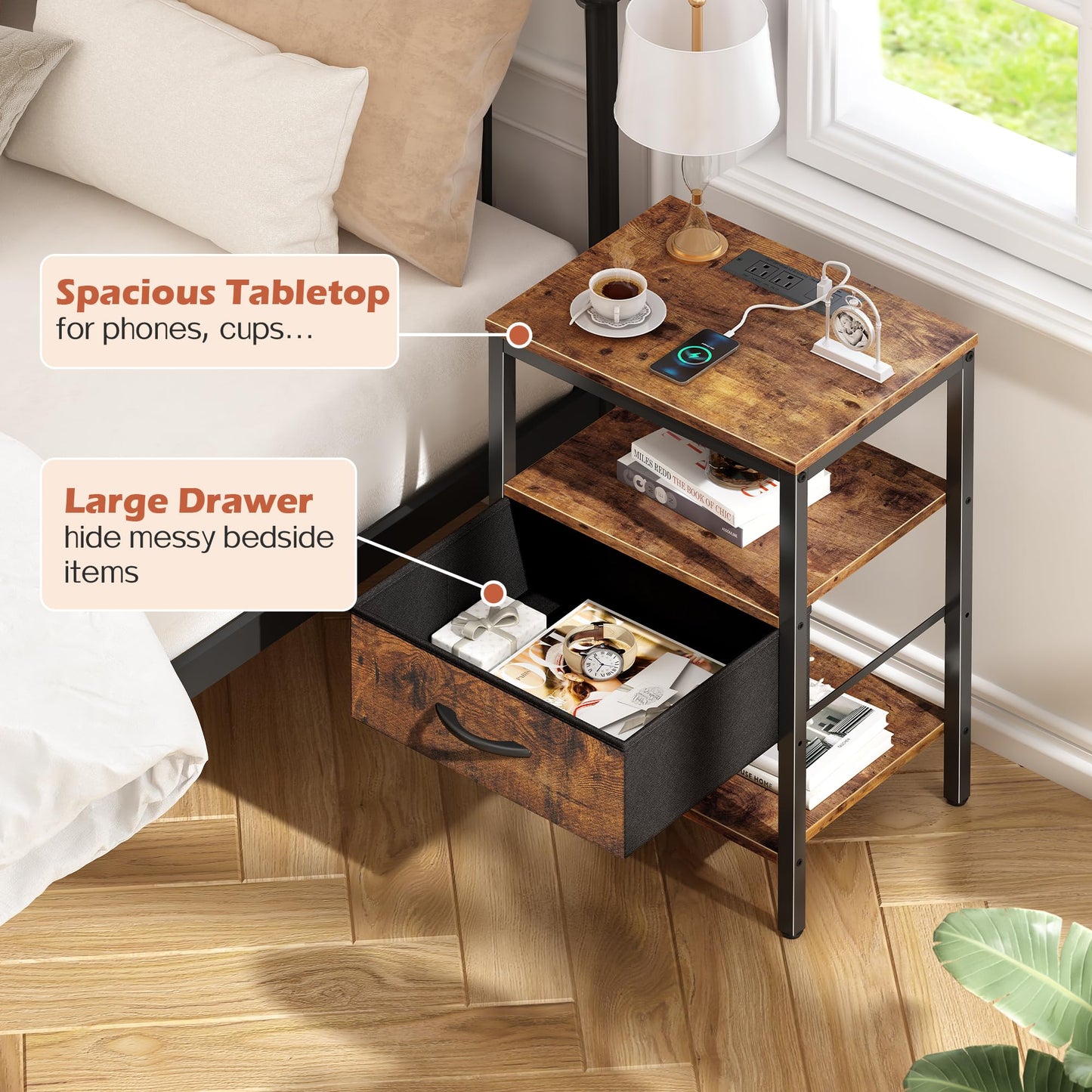 SUPERJARE Nightstand with Charging Station