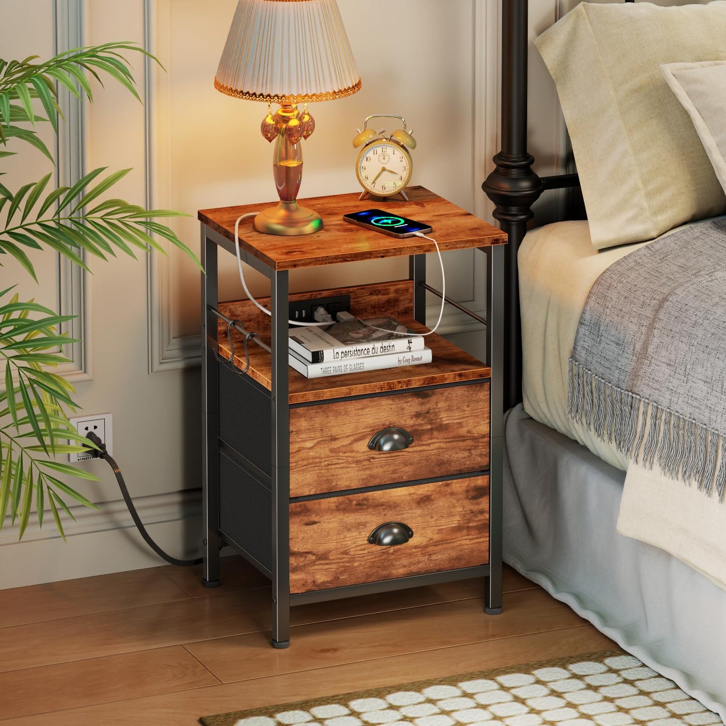 Furologee Nightstand with Charging Station, White