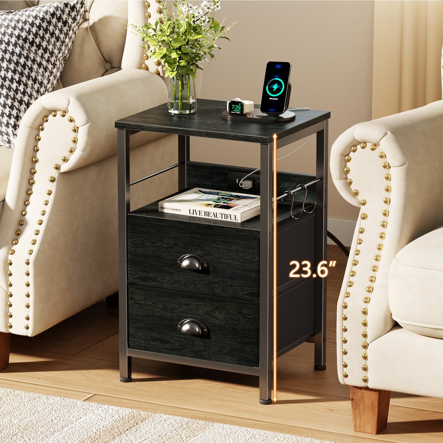 Furologee Nightstand with Charging Station, White