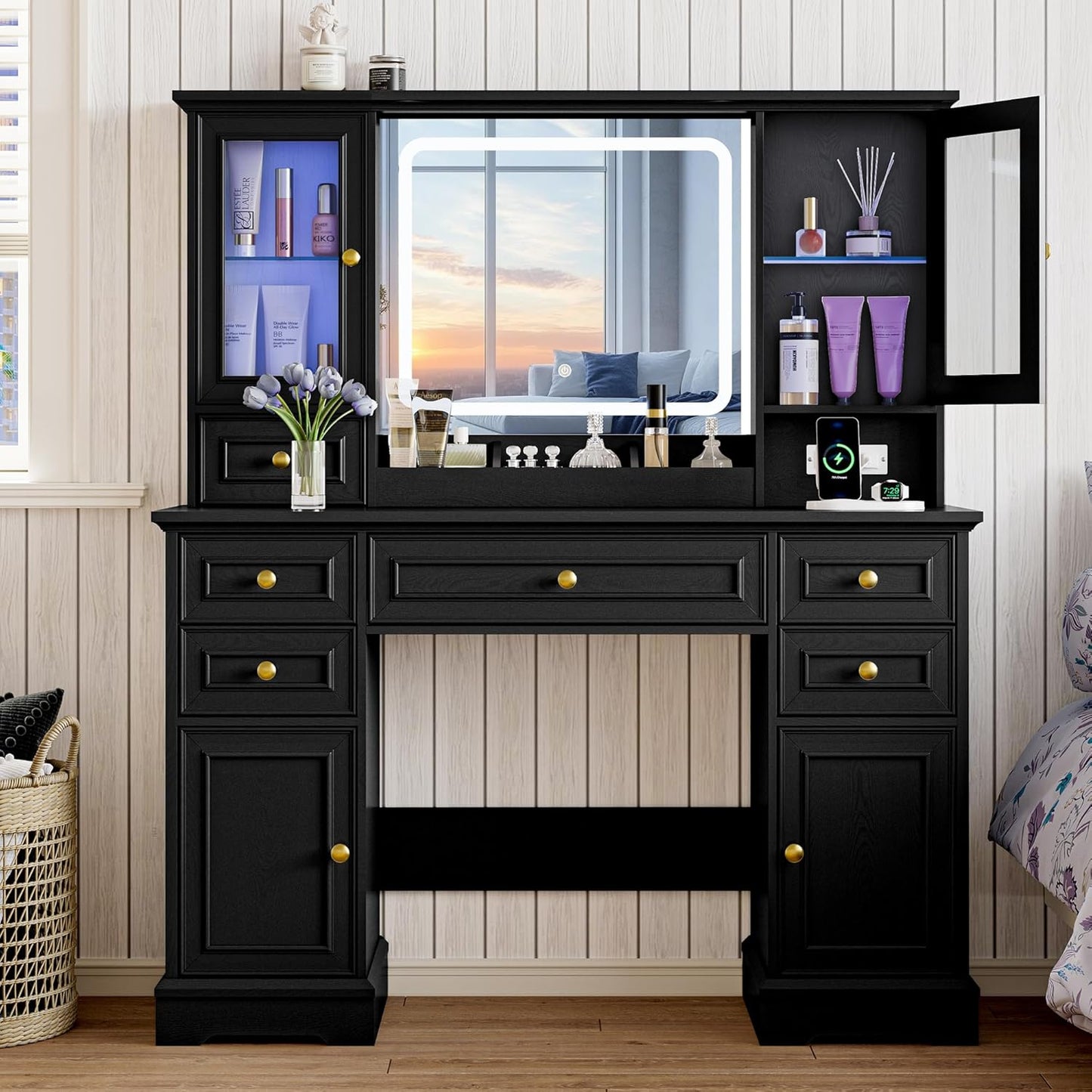 Farmhouse Vanity Desk with Lighted Mirror – Black