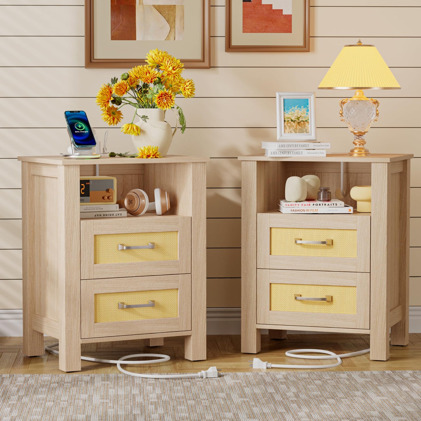 YESHOMY Rattan Nightstands – Set of 2, Natural