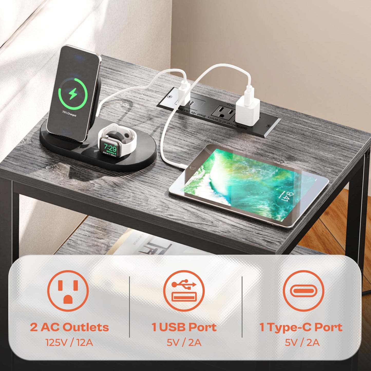 SUPERJARE Nightstand with Charging Station