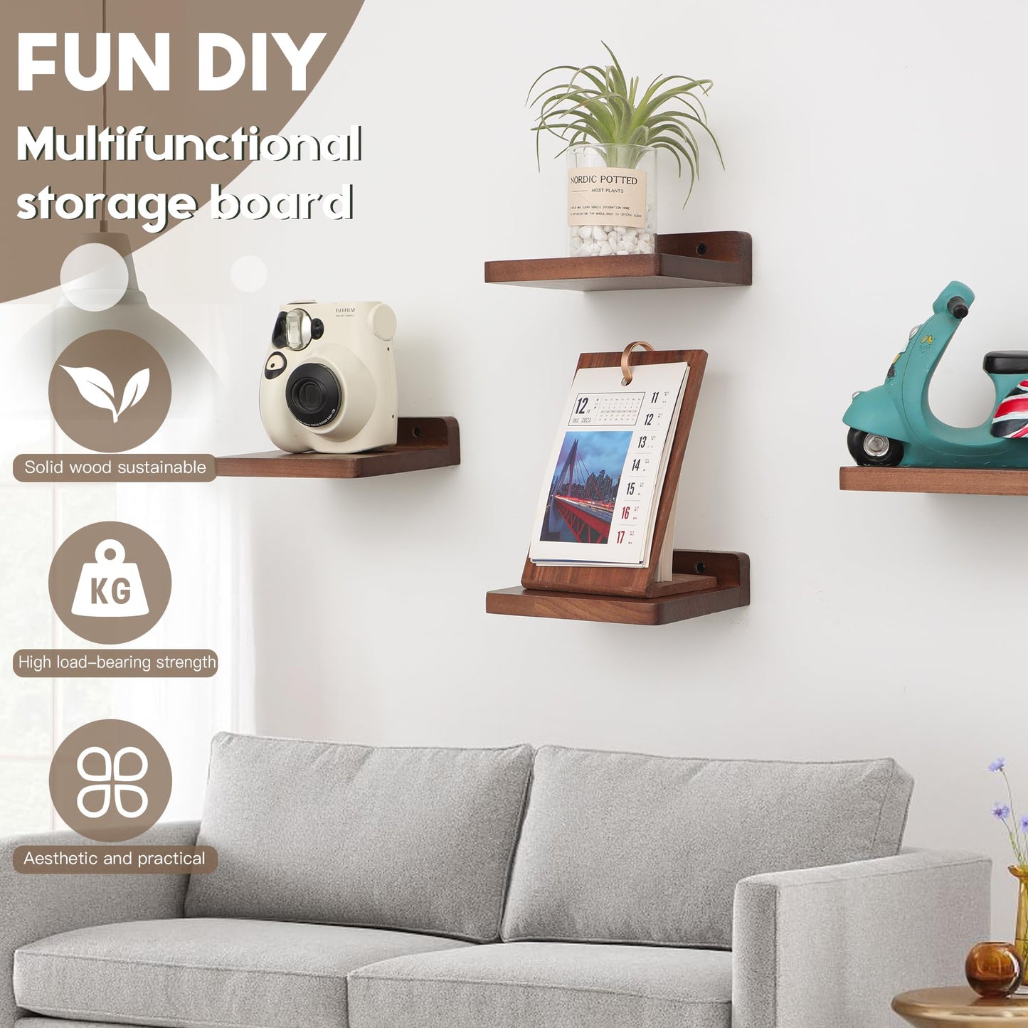 Small Floating Shelves 8-Pack, 4"x4", Rustic White