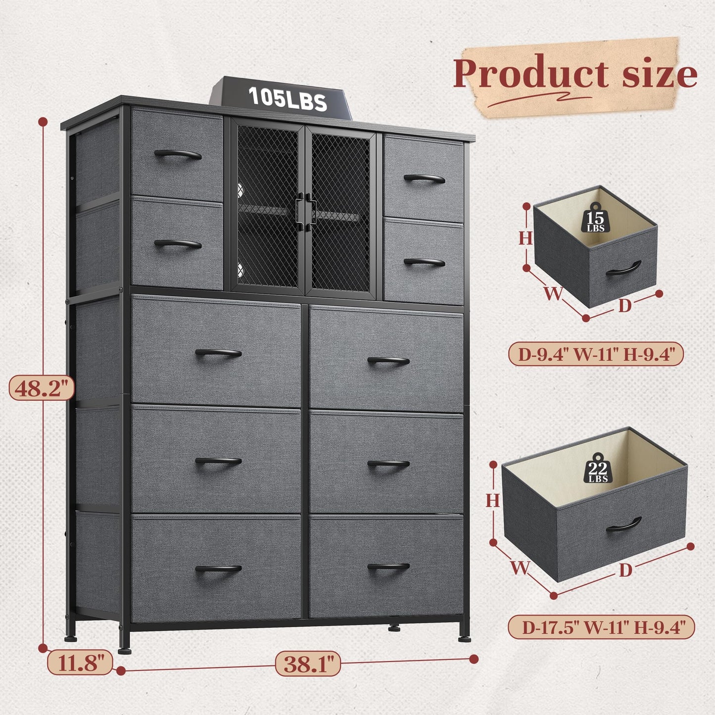 10-Drawer Rustic Brown Dresser 48.2"x38.1"x11.8"