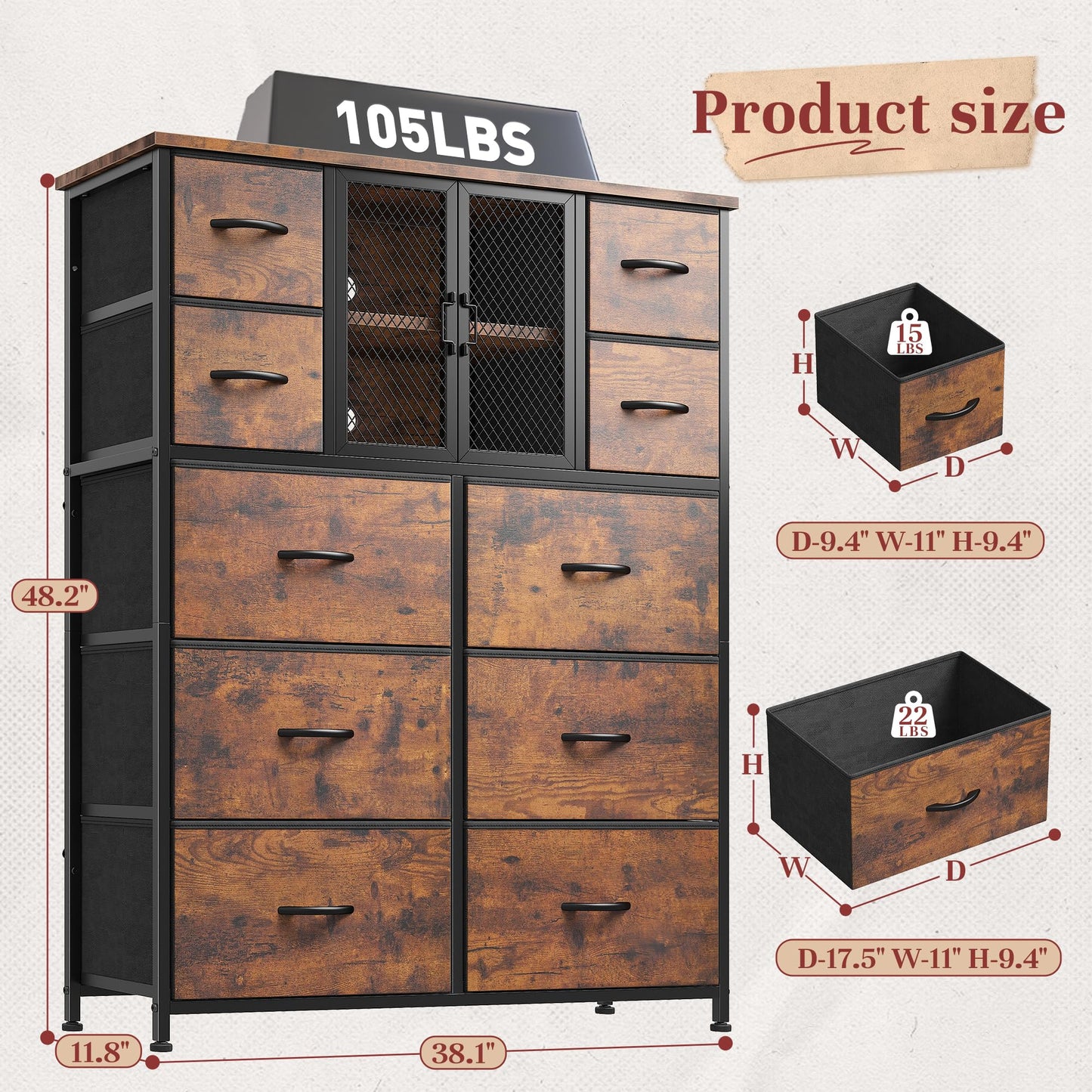 10-Drawer Rustic Brown Dresser 48.2"x38.1"x11.8"