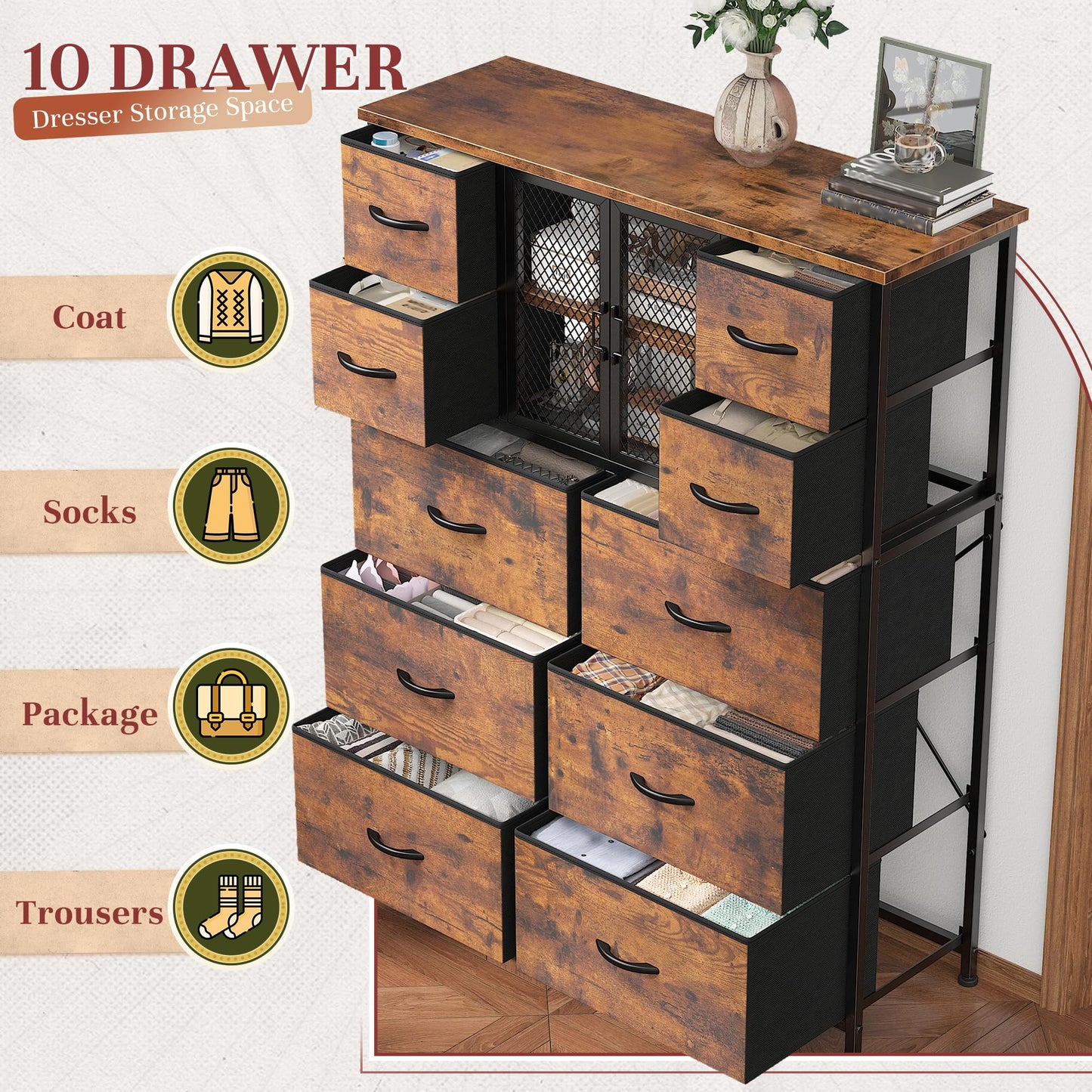 10-Drawer Rustic Brown Dresser 48.2"x38.1"x11.8"