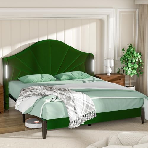 Queen Bed Frame with LED Headboard – Velvet Blue