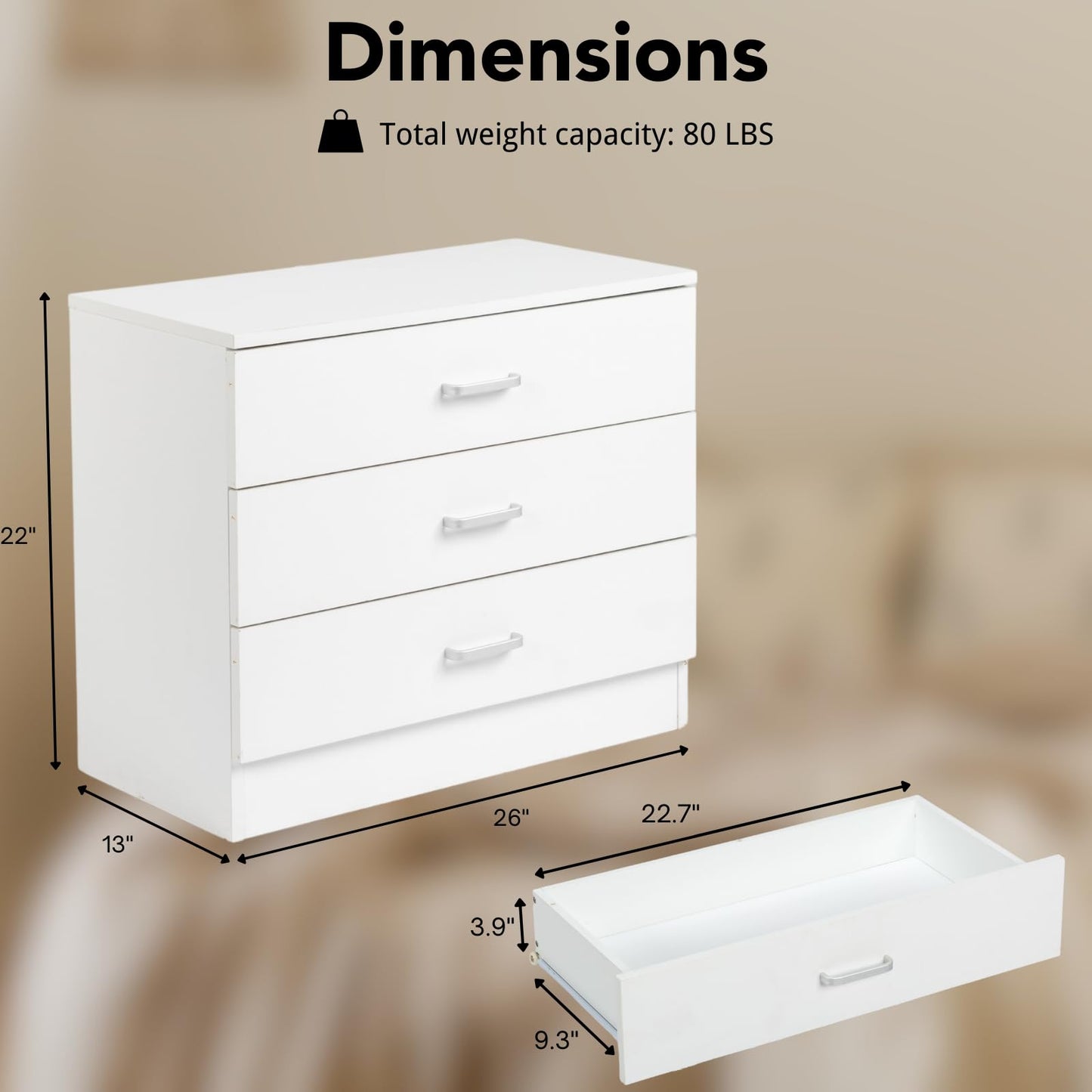 Karl Home White 3-Drawer Dresser/Nightstand