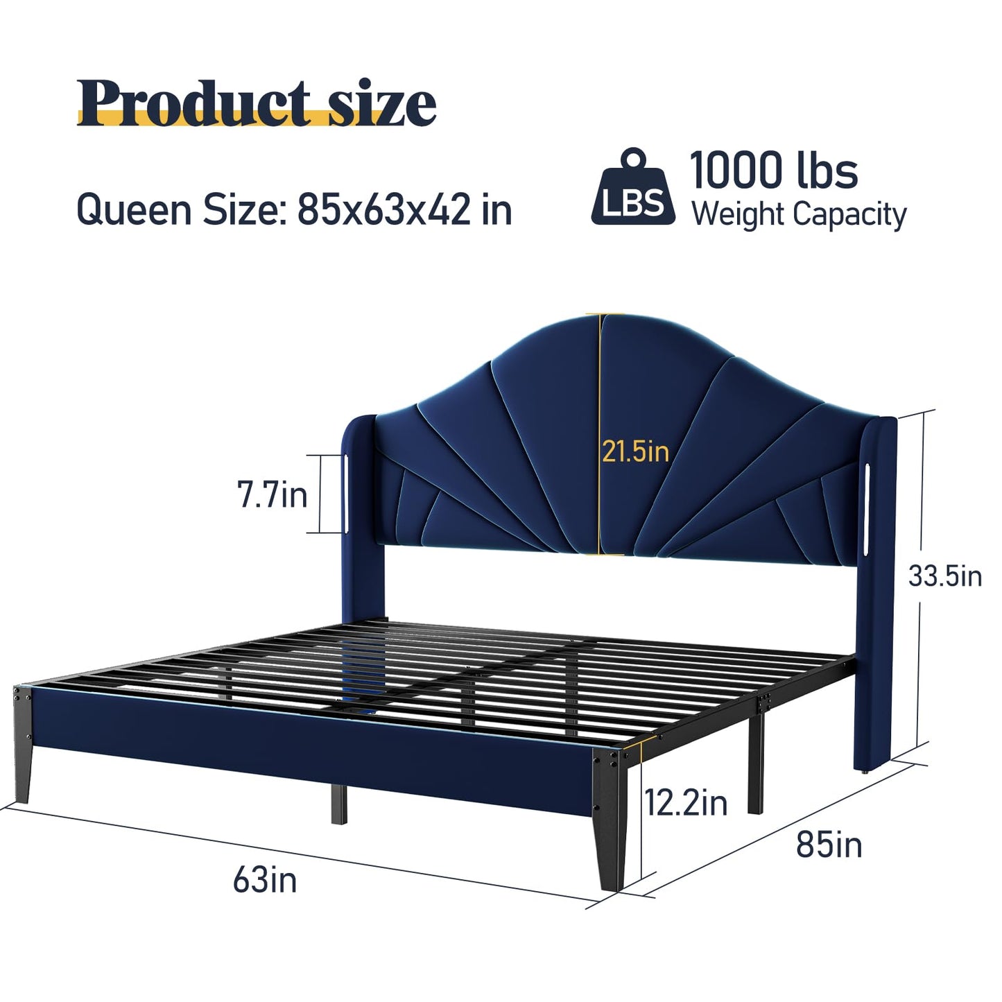 Queen Bed Frame with LED Headboard – Velvet Blue