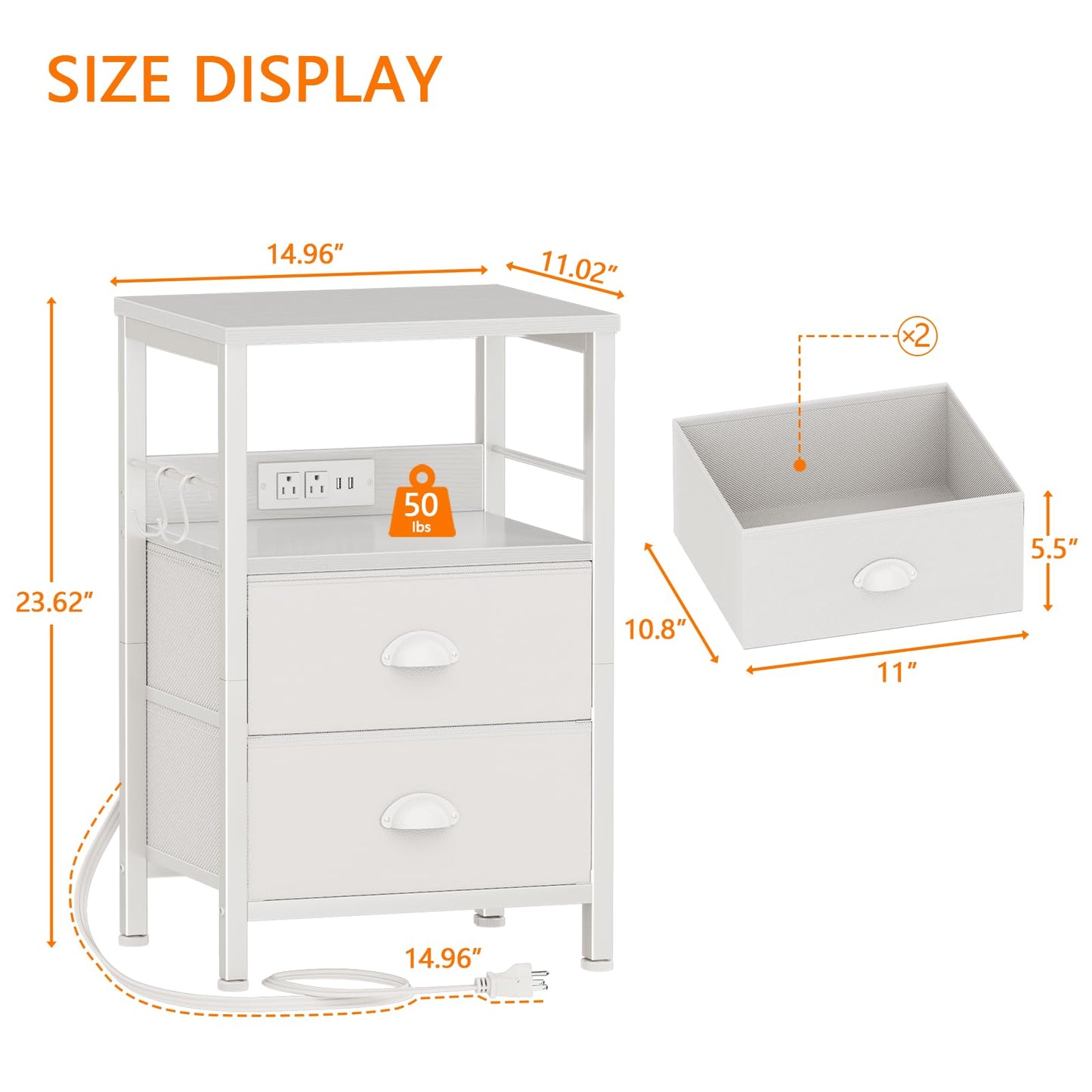 Furologee Nightstand with Charging Station, White