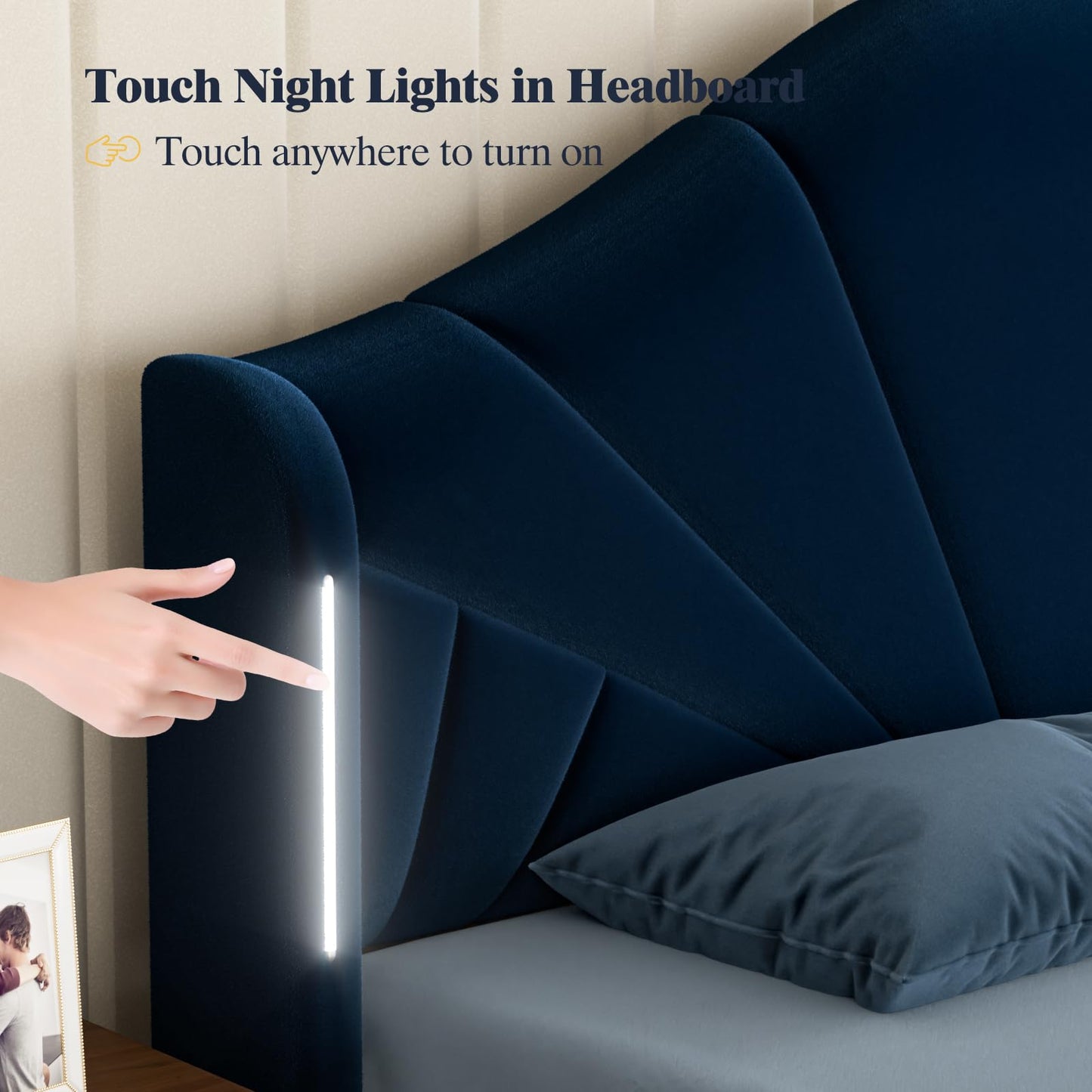 Queen Bed Frame with LED Headboard – Velvet Blue