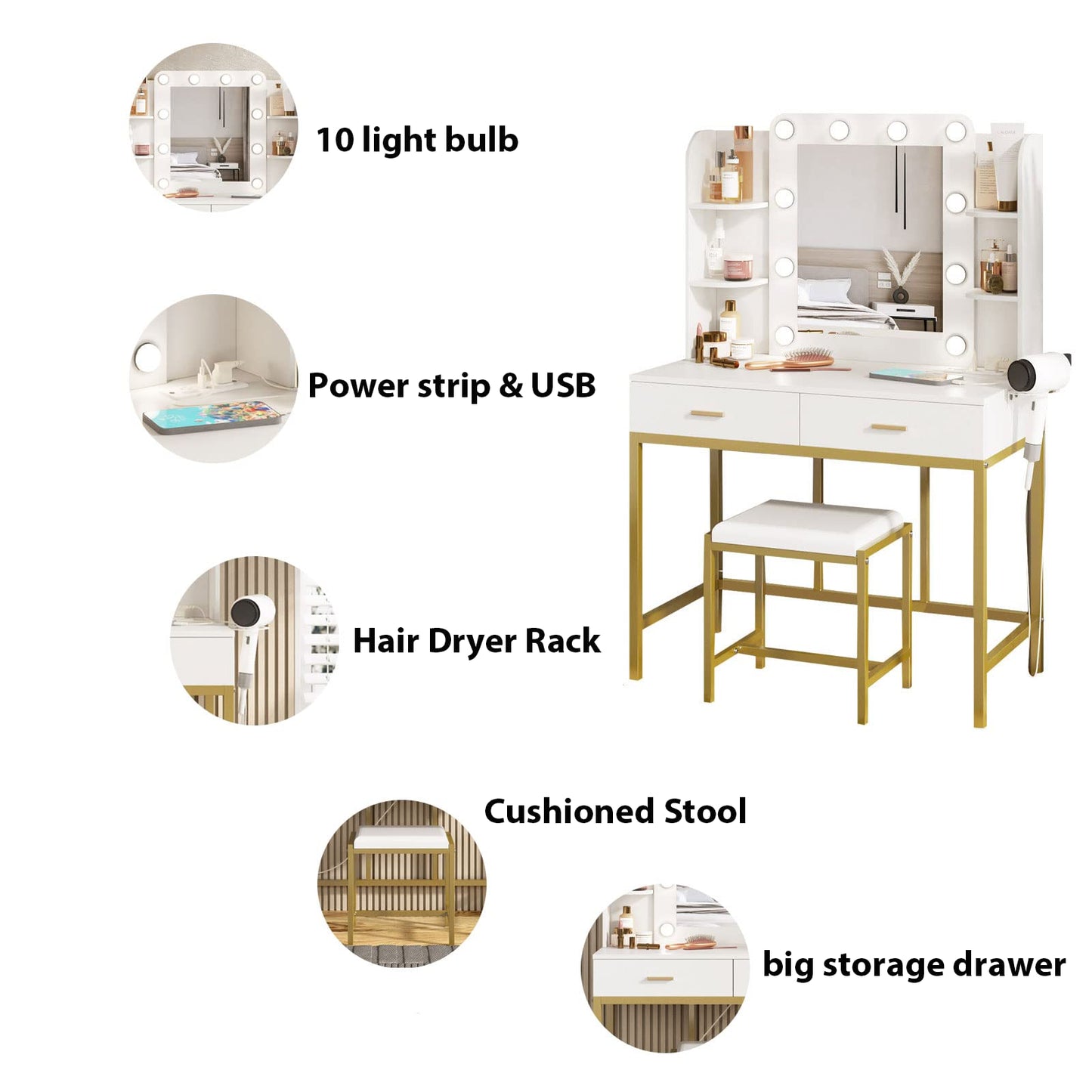 Vabches Vanity Desk with Lights, White