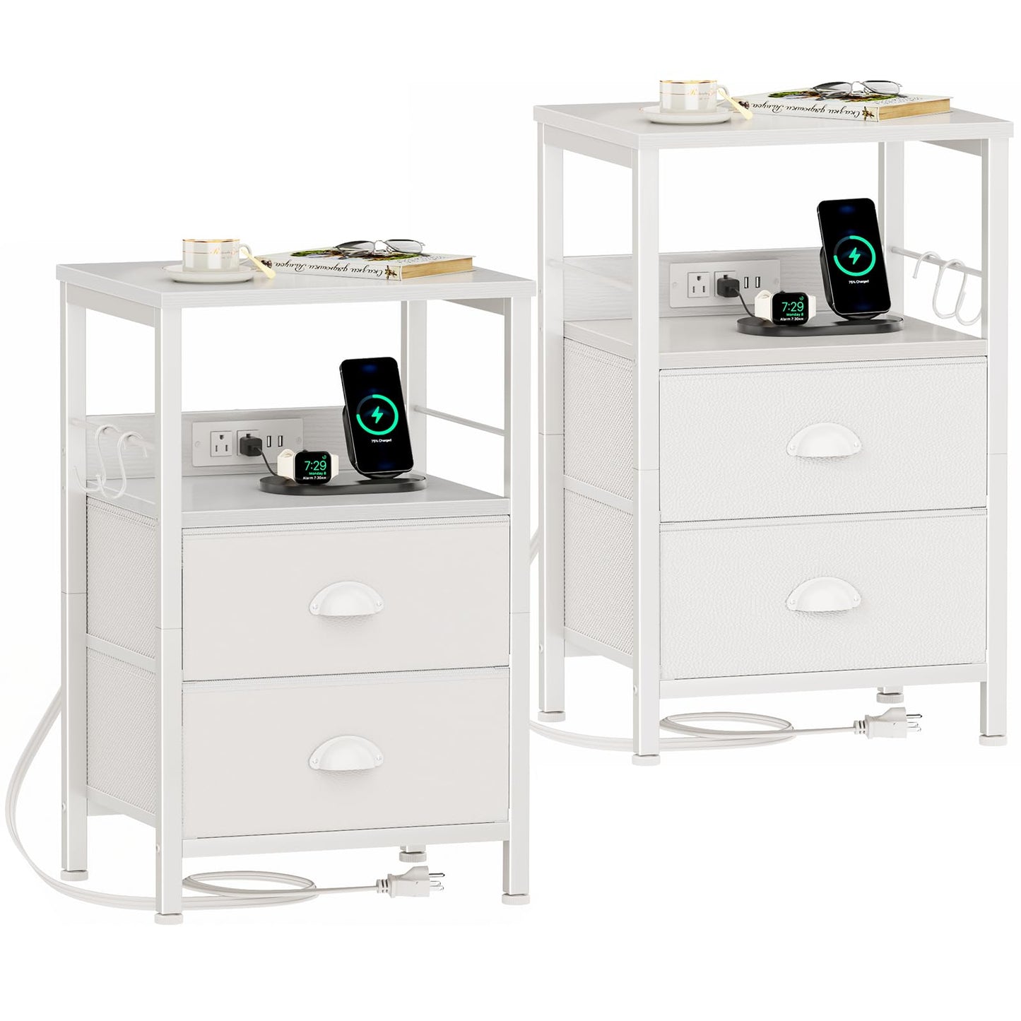 Furologee Nightstand with Charging Station, White