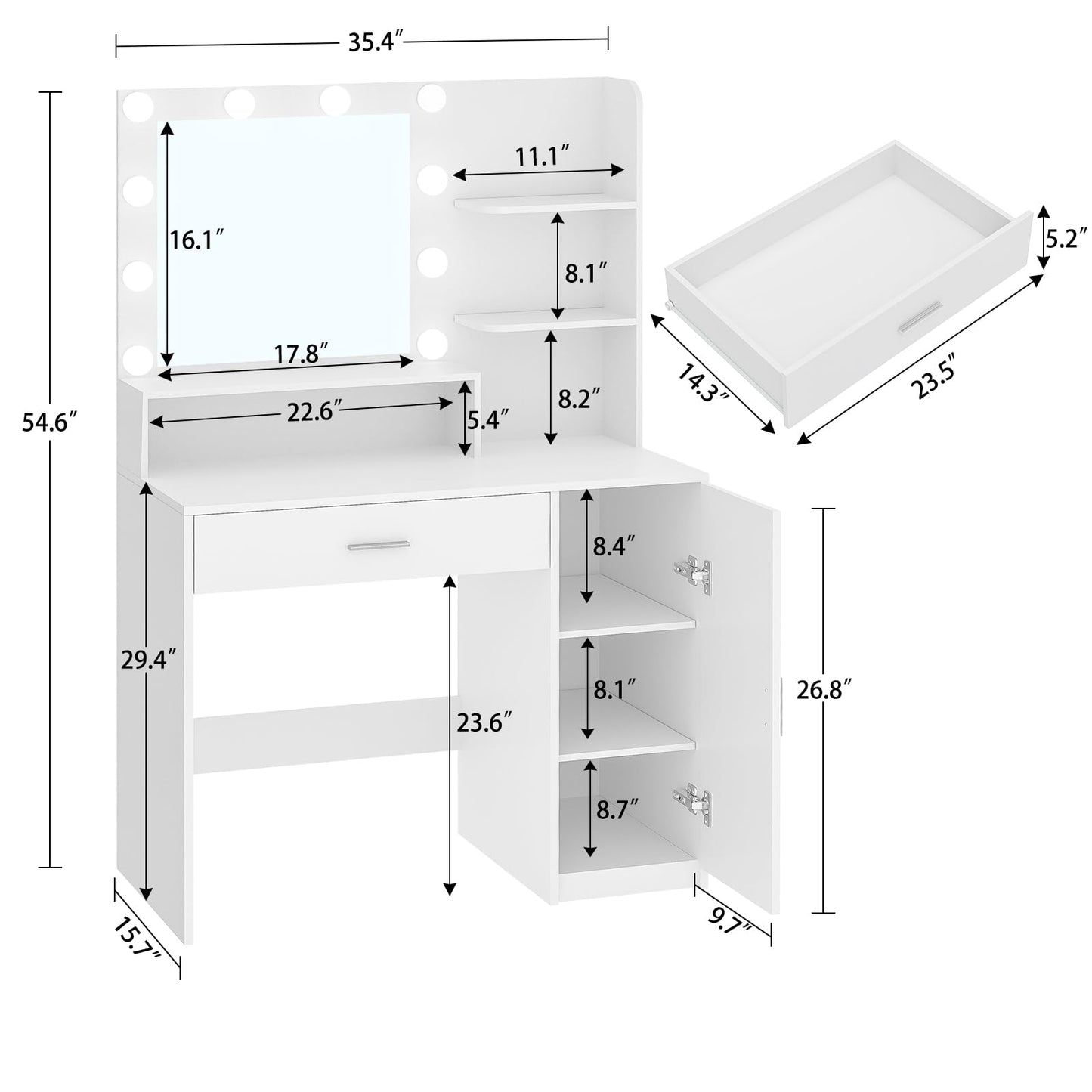Quimoo Vanity Desk with Mirror & Lights, White