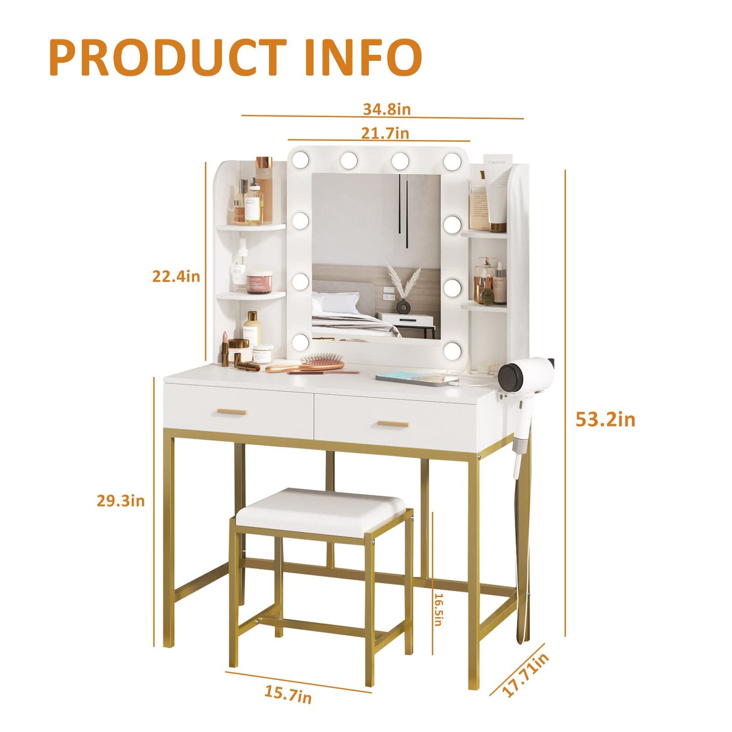 Vabches Vanity Desk with Lights, White