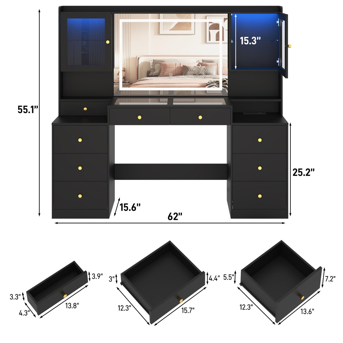 Large LED Vanity Desk – Black, 62"
