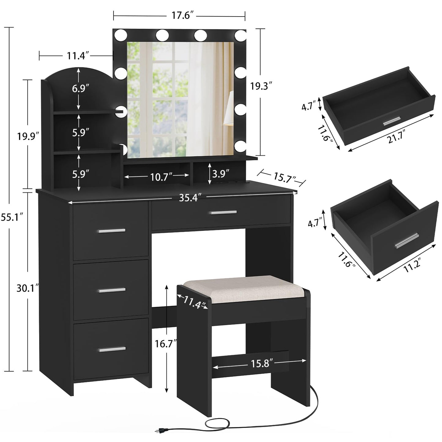 Quimoo Vanity Desk with Mirror & Lights, White