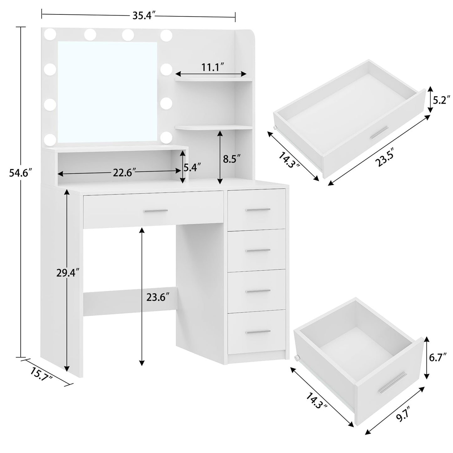 Quimoo Vanity Desk with Mirror & Lights, White