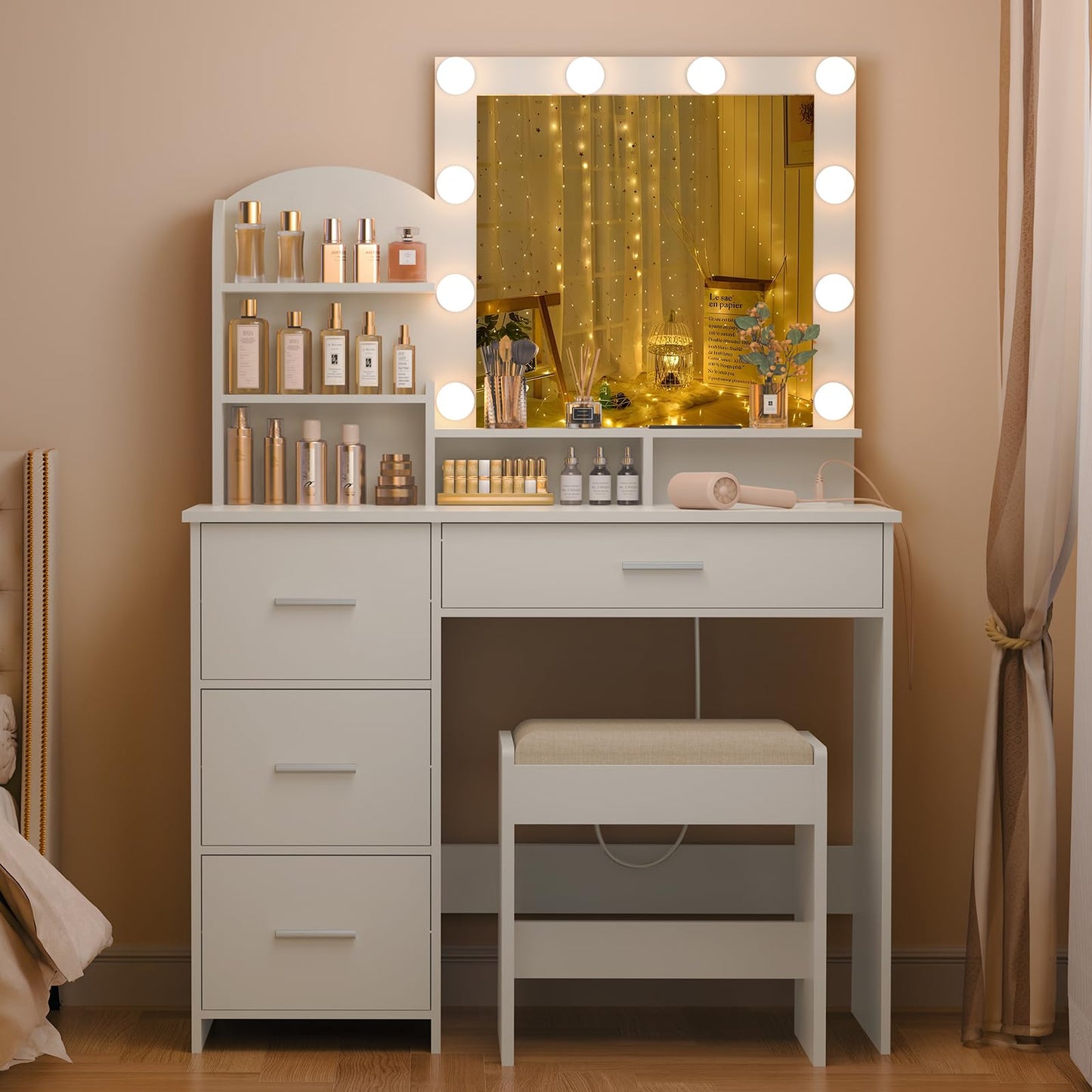 Quimoo Vanity Desk with Mirror & Lights, White