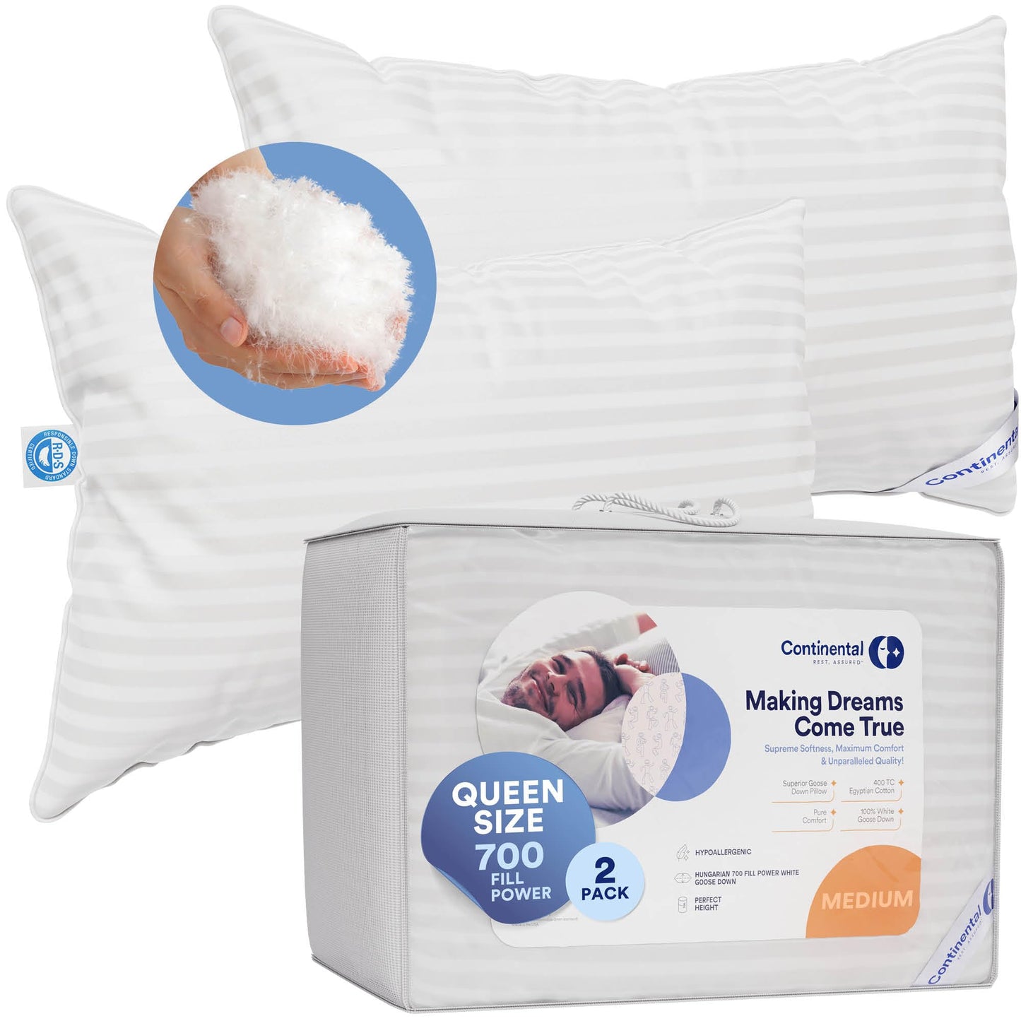 Serenity Goose Down Pillows – King, 2 Pack