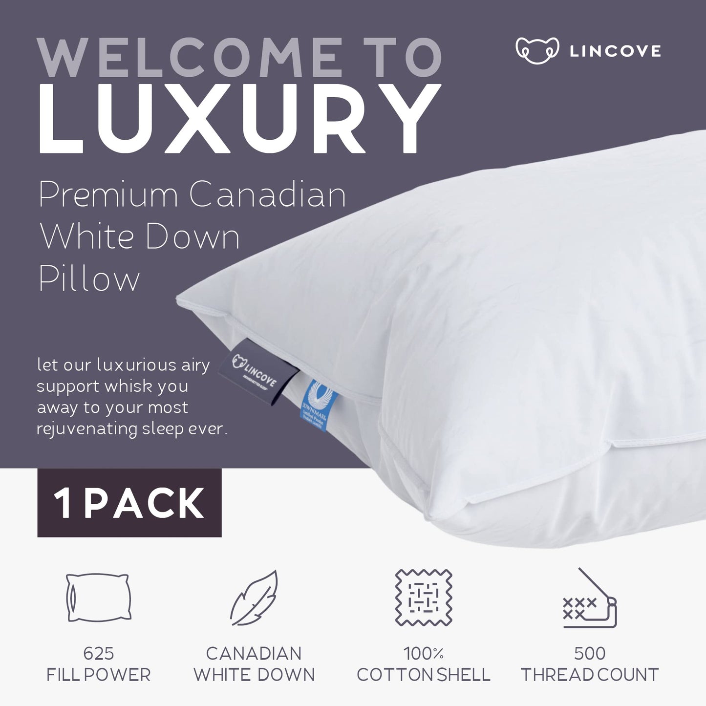 Lincove Cloud Canadian Down Pillows – Queen, 2 Pack