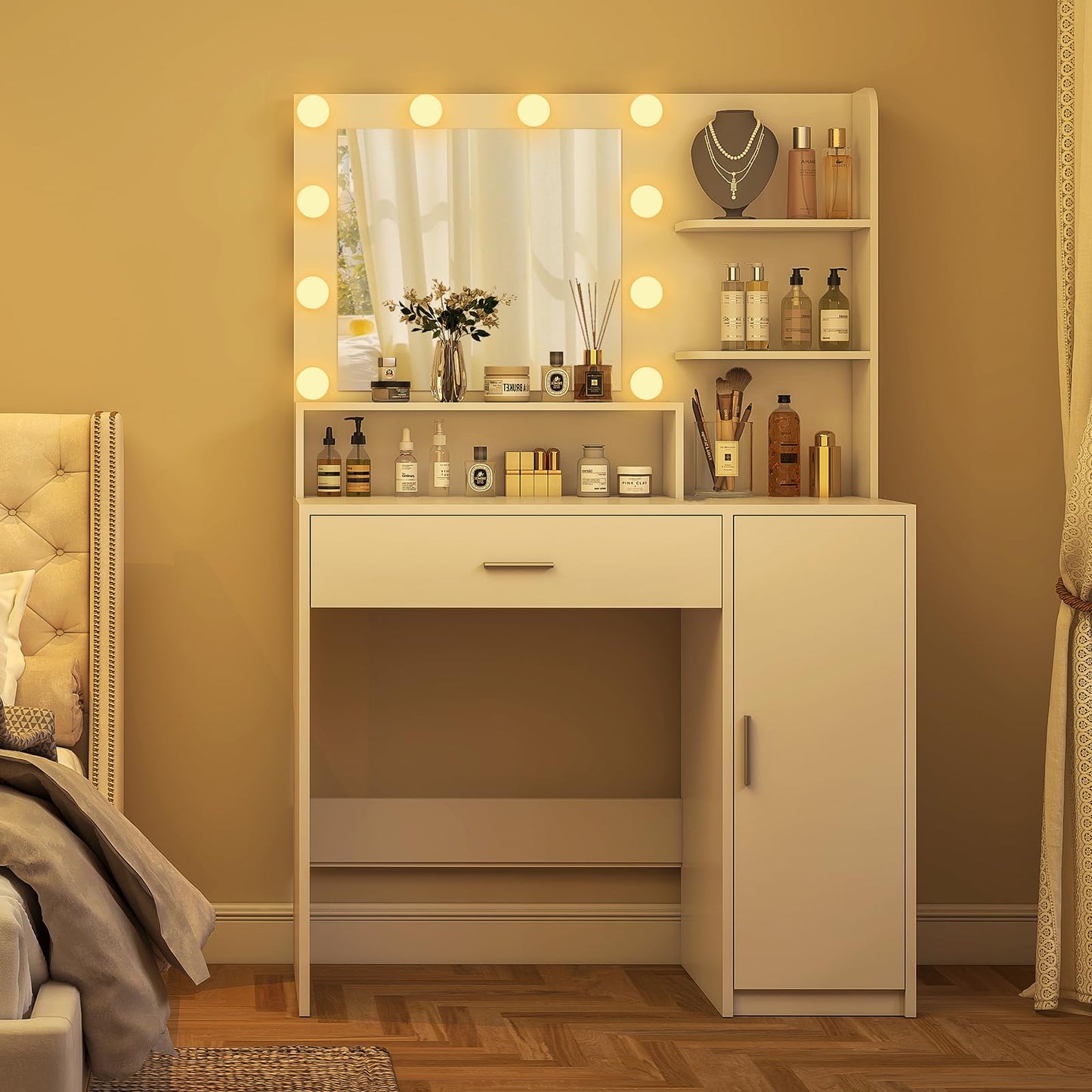 Quimoo Vanity Desk with Mirror & Lights, White